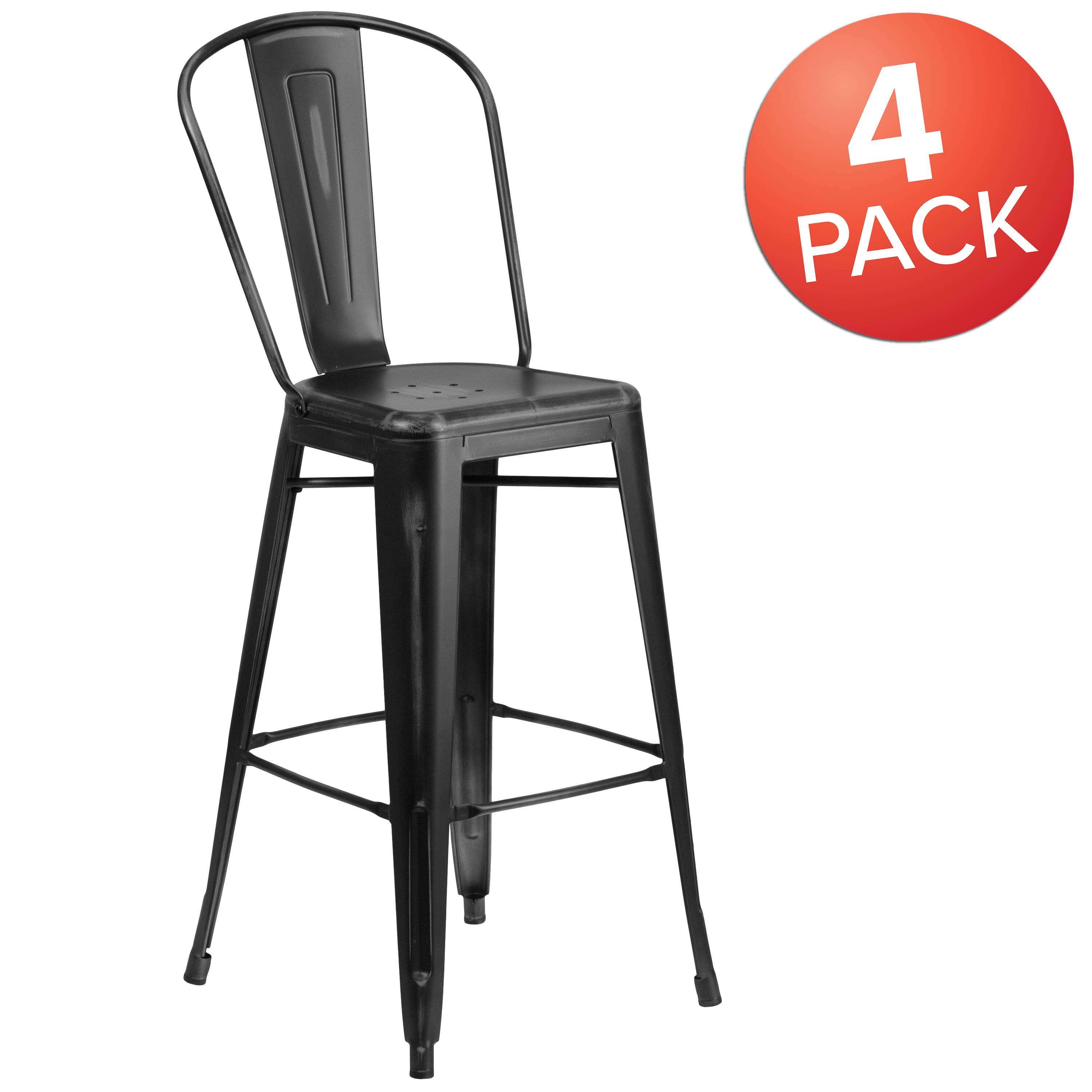 Alt View 1. Emma + Oliver - Commercial Grade 4 Pack 30" High Distressed Metal Indoor-Outdoor Barstool with Back - Black.