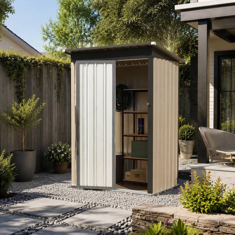 Left. RYHNUYNE - 5 x 3 FT Metal Garden Shed,Outdoor Storage Shed with Hinged Door for Backyard Patio Lawn - Black+Brown.