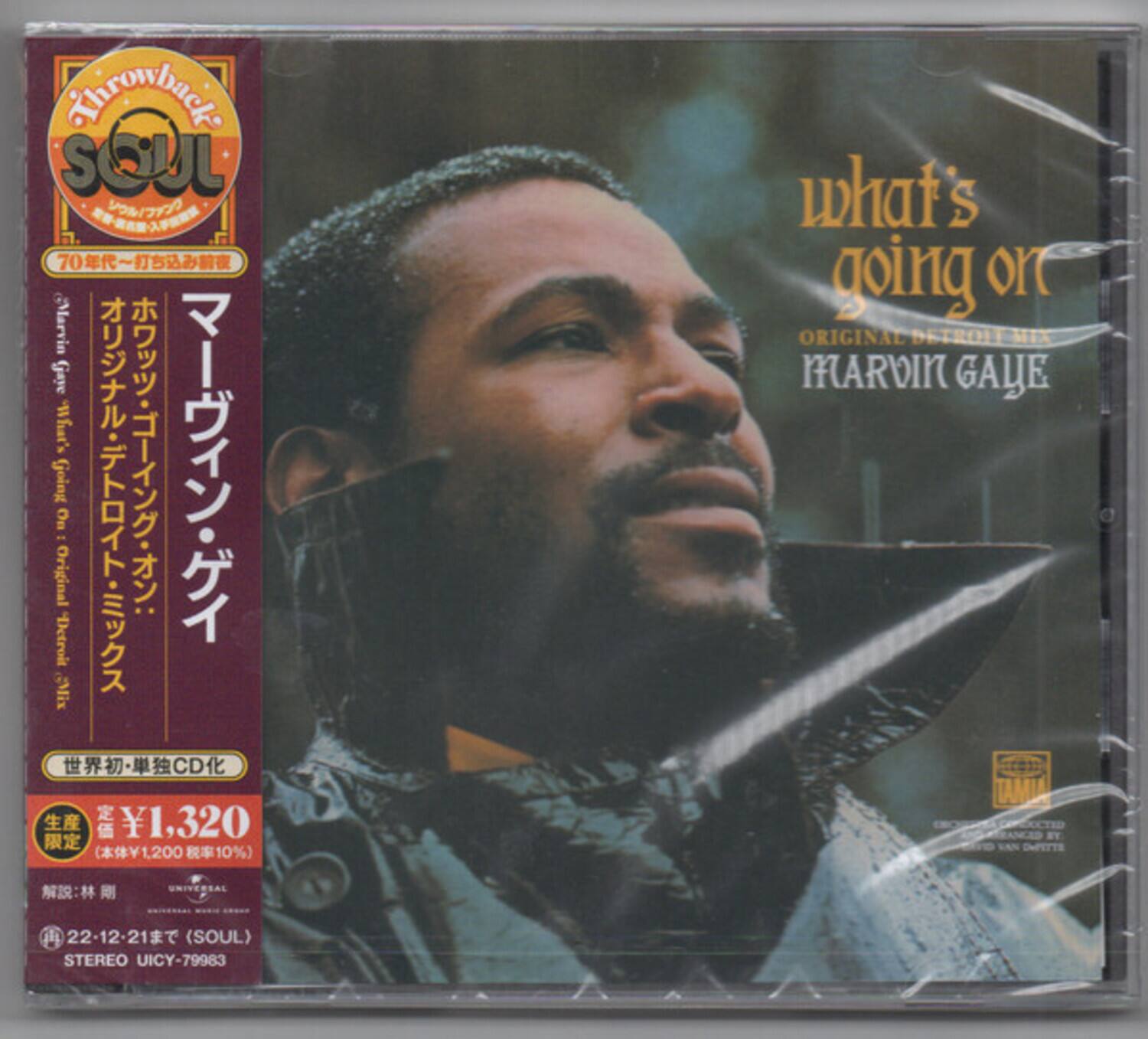 Throwback SOUL  
70年代一打楽器の音楽  

what's going on  
ORIGINAL DETROIT MIX  
MARVIN GAYE  

世界初・単独CD化  
定価 ¥1,320  
（本体¥1,200 税率10%）  

STEREO UICY-79983  

22-12-21まで (SOUL)  

STEREO UICY-79983