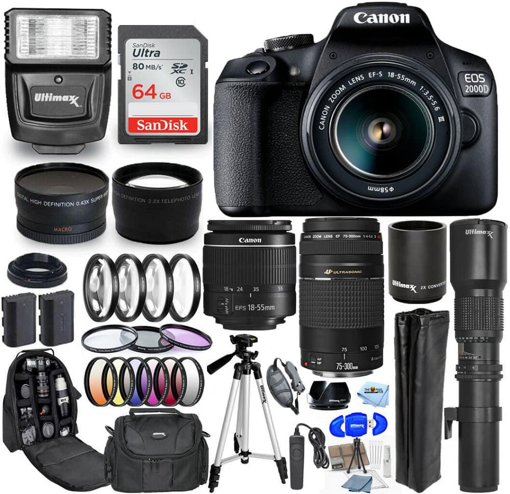 Canon - EOS 2000D / Rebel T7 18-55mm + 75-300mm + 500mm 30 Piece Accessory Bundle