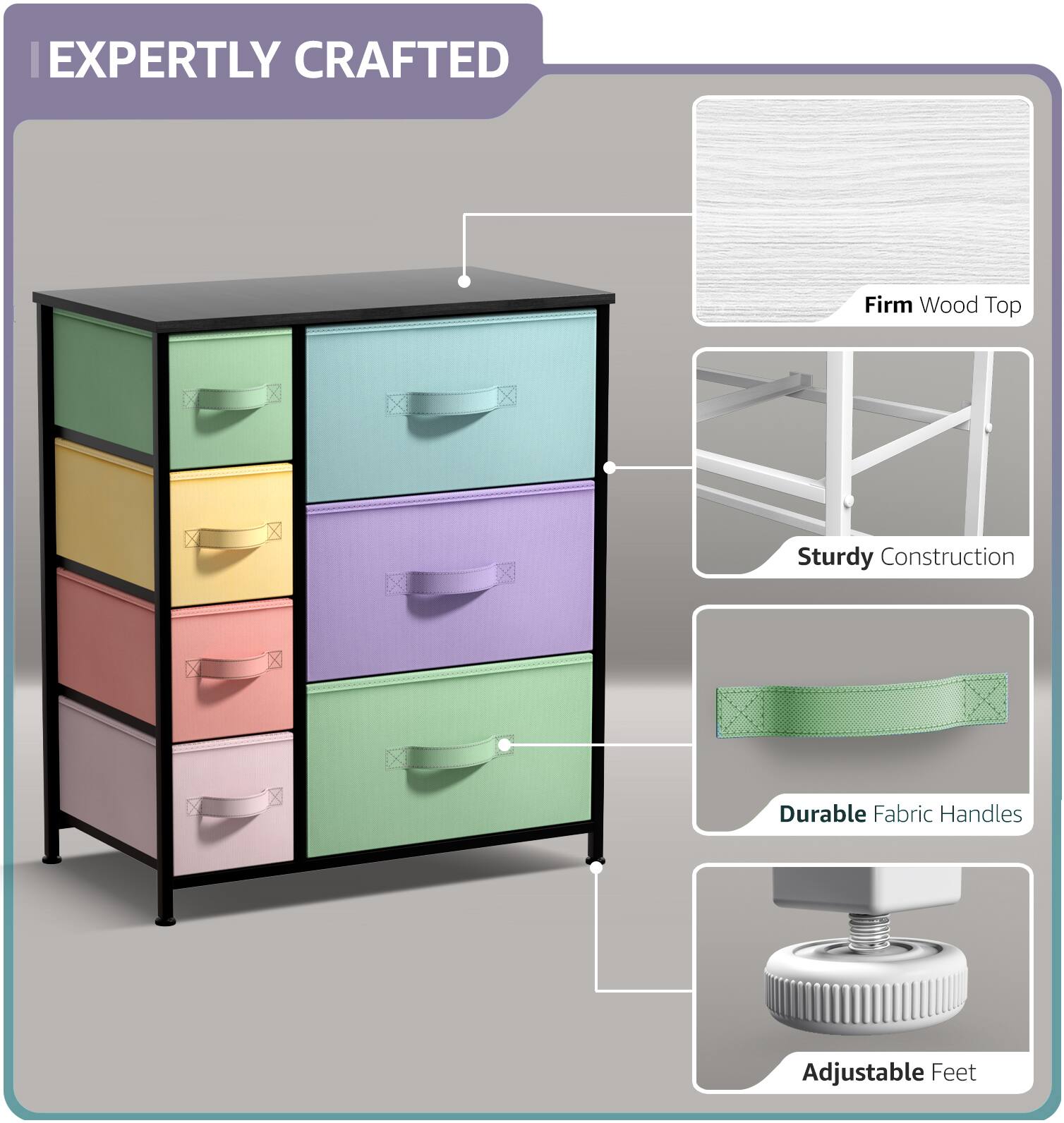 EXPERTLY CRAFTED

- Firm Wood Top
- Sturdy Construction
- Durable Fabric Handles
- Adjustable Feet