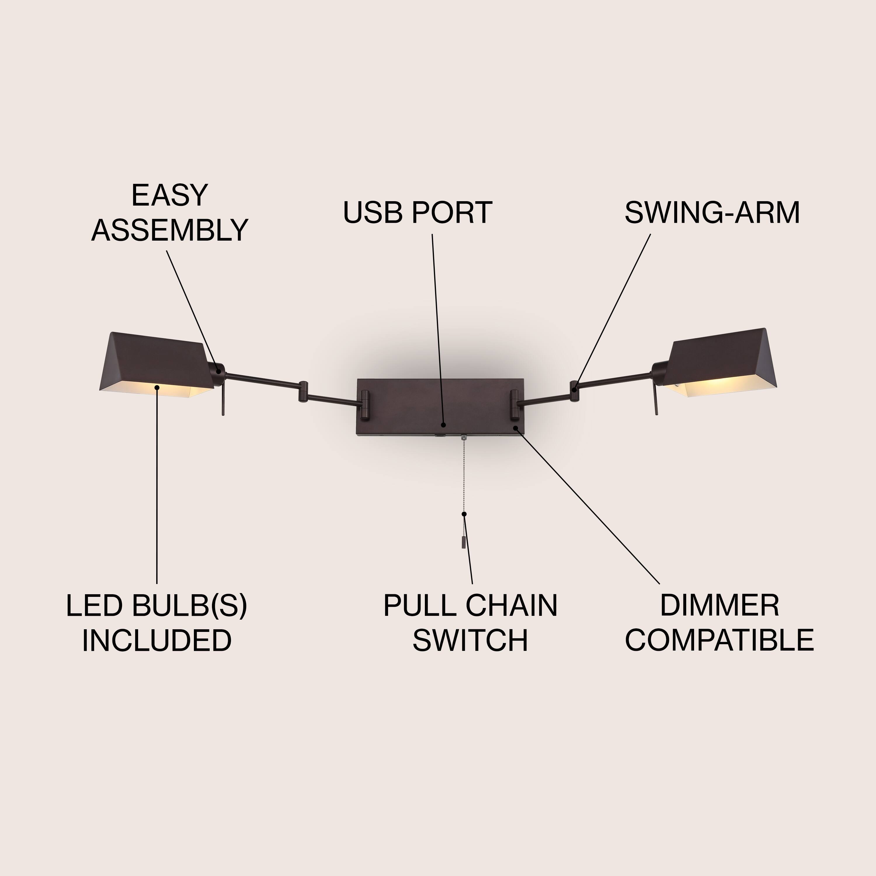 EASY ASSEMBLY USB PORT SWING-ARM LED BULB(S) INCLUDED PULL CHAIN DIMMER SWITCH COMPATIBLE