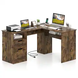 Costway - 59" L-Shaped Executive Desk with Power Outlets, Drawers & Bookshelf for Working - Rustic Brown