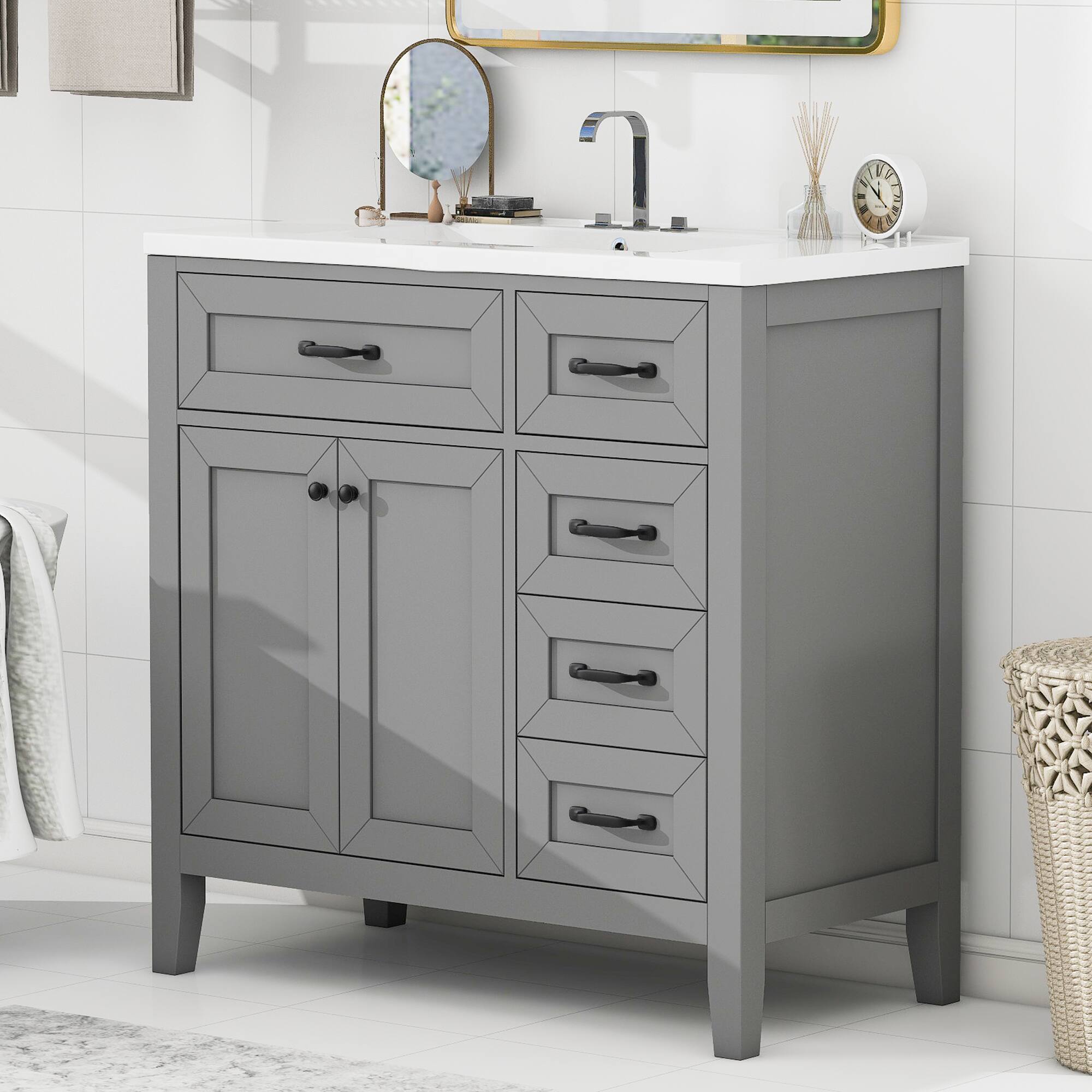 Tiramisubest - 36" Bathroom Vanity with Sink Combo, Bathroom Cabinet with Drawers, Solid Frame and MDF Board - Gray