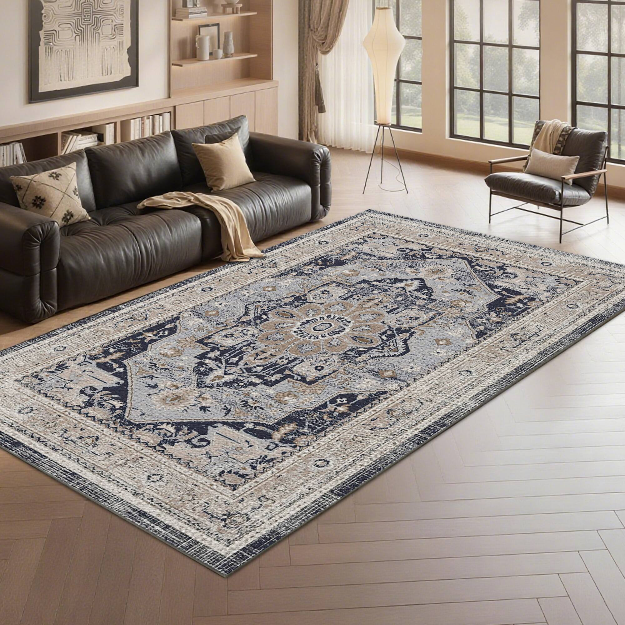 Front. Ihomeadore - 7FT x 5FT Vintage Bohemia Cotton Area Rug with Non-Slip TPR Backing for Indoor Living Room and Entryway - Blue.