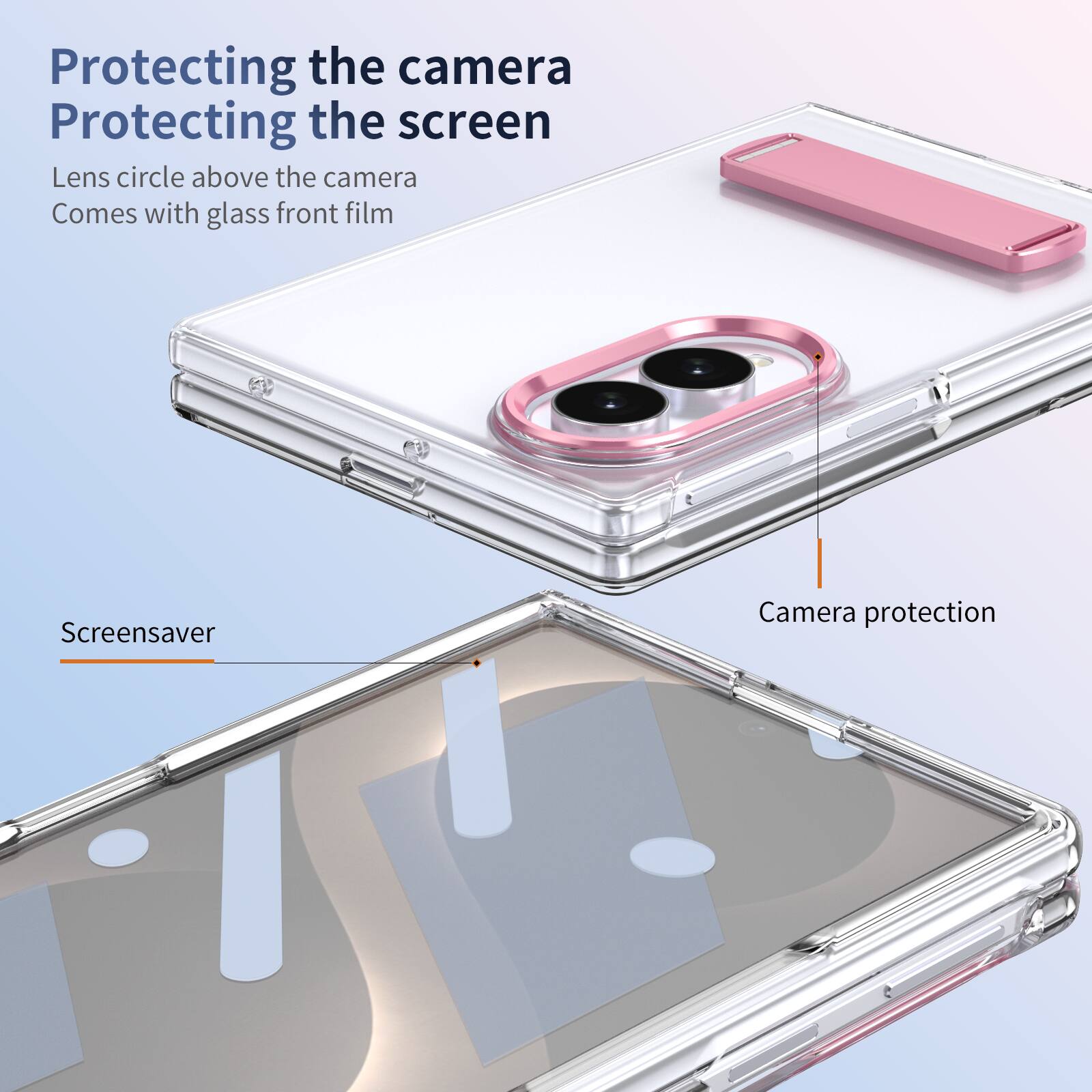 Protecting the camera  
Protecting the screen  
Lens circle above the camera  
Comes with glass front film  

Screensaver  
Camera protection
