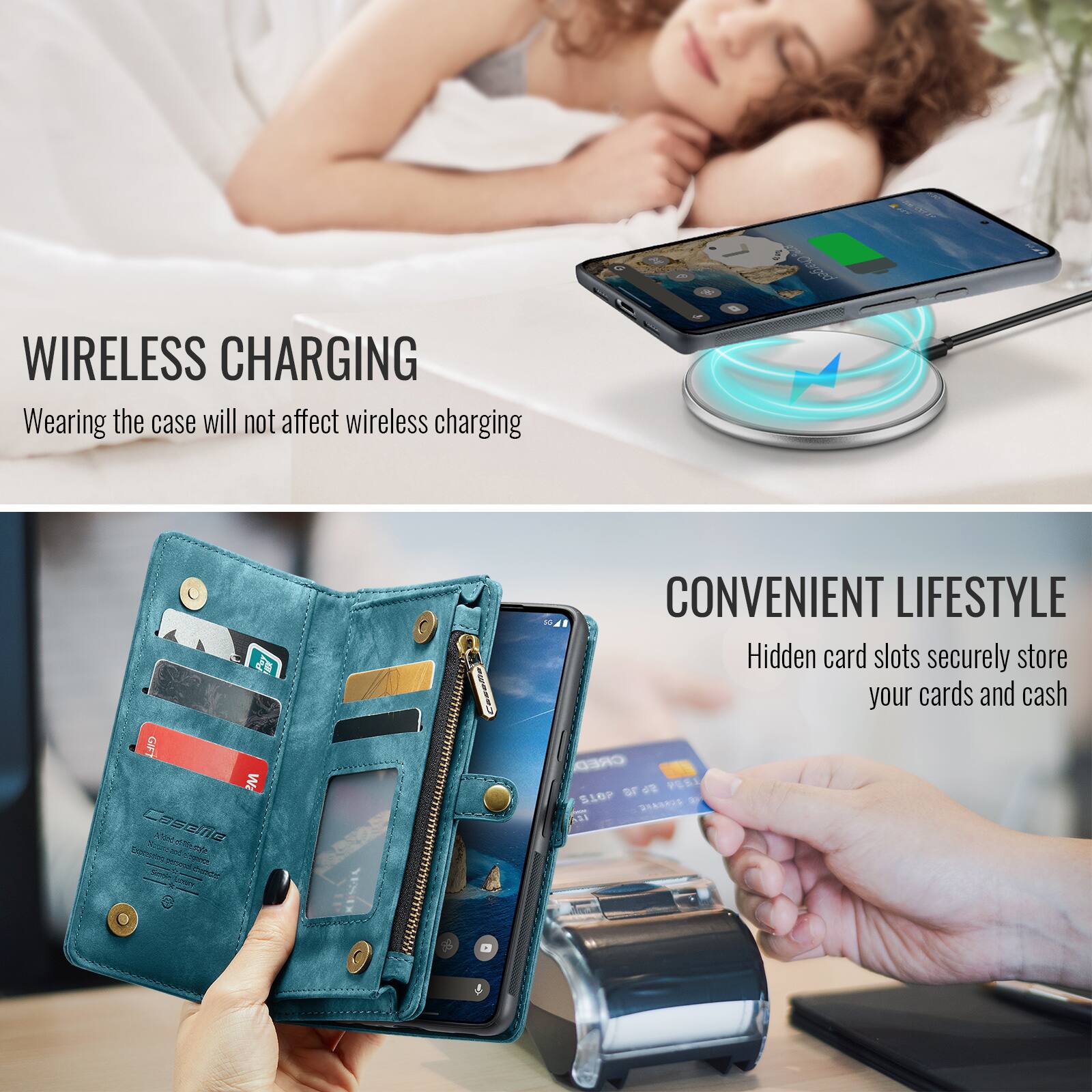 WIRELESS CHARGING  
Wearing the case will not affect wireless charging  

CONVENIENT LIFESTYLE  
Hidden card slots securely store your cards and cash