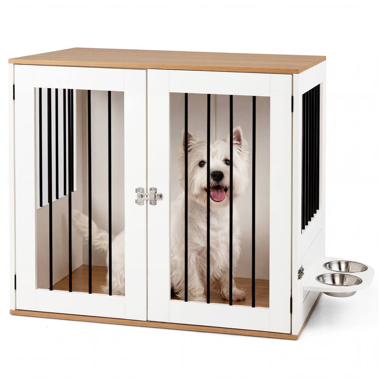 Alt View 9. Gymax - Gymax 31.5'' Dog Crate Furniture w/ Double Lock Doors 360-Degree Rotating Feeder Bowls.
