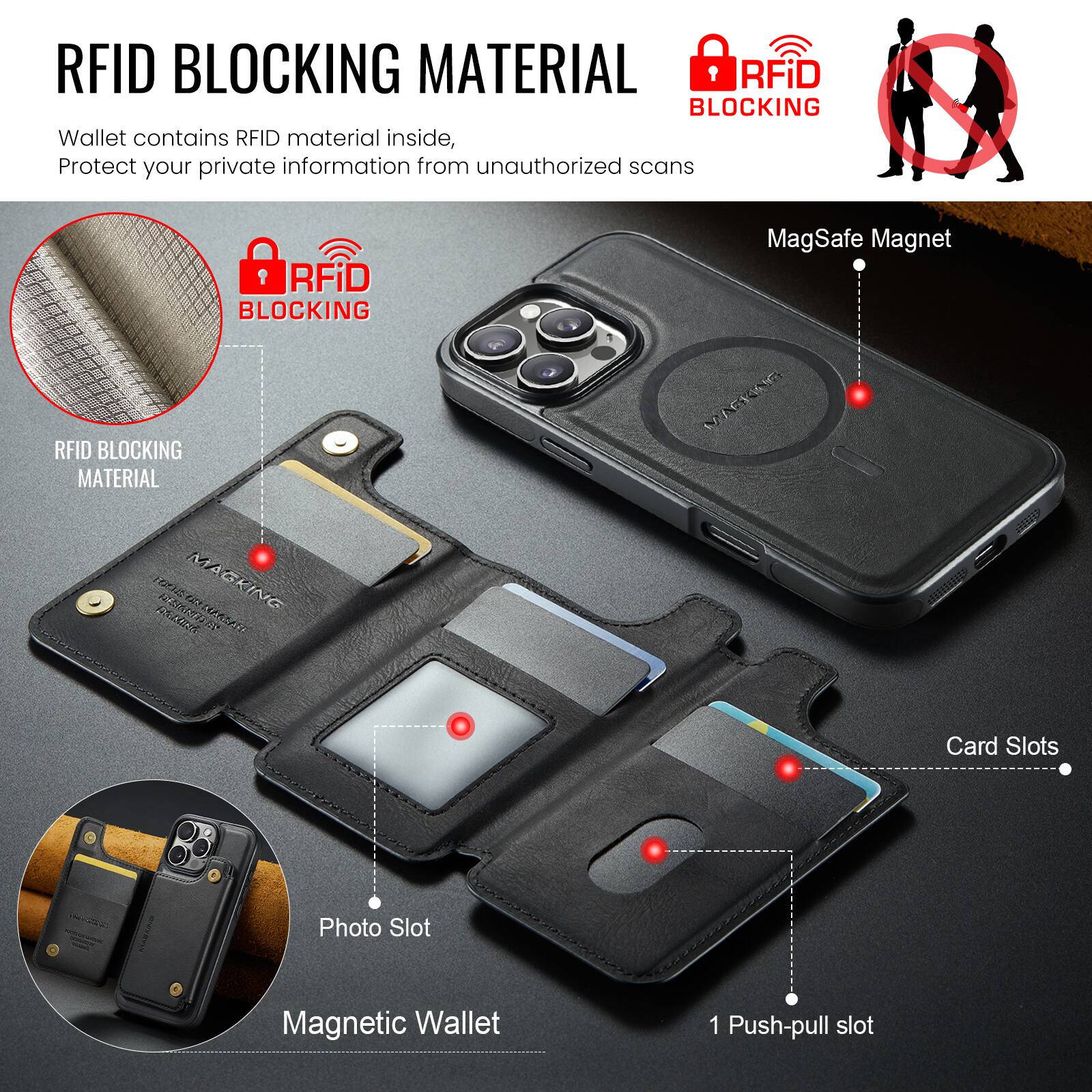 RFID BLOCKING MATERIAL

Wallet contains RFID material inside, Protect your private information from unauthorized scans

RFID BLOCKING MATERIAL

RFiD BLOCKING MagSafe Magnet

RFiD BLOCKING MATERIAL

I MAGKING PDAR KERZA an N CO ceceltlot GID Card Slots Photo Slot Magnetic Wallet 1 Push-pull slot
