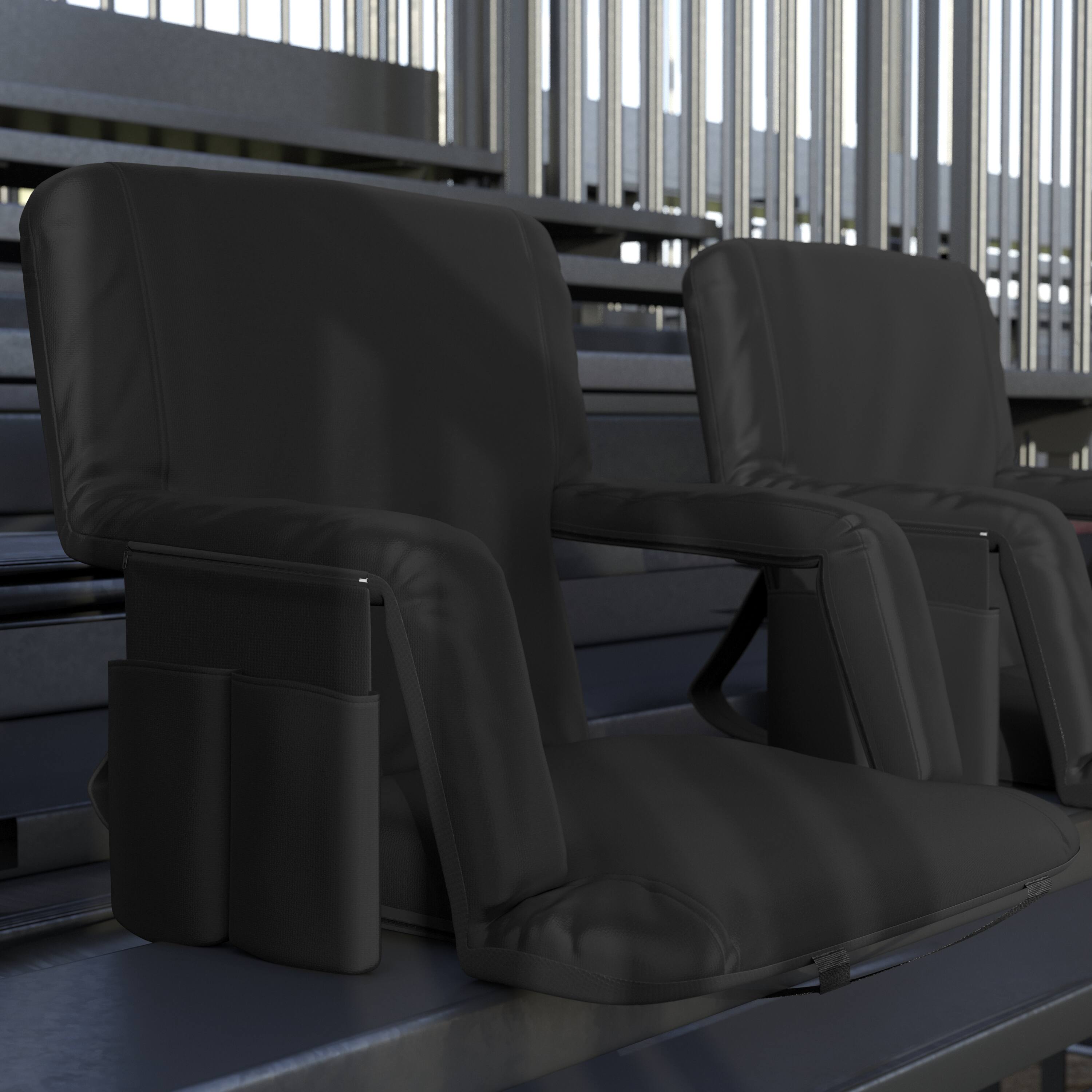 Alt View 2. Emma + Oliver - 2 Pack Folding Metal Stadium Chairs with Padded, Reclining Back & Armrests - Black.