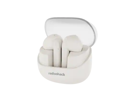Front. RadioShack - Transparent Case TWS Earbuds IPX5 Bluetooth 5.4 Noise Cancelling 3304410 - White.