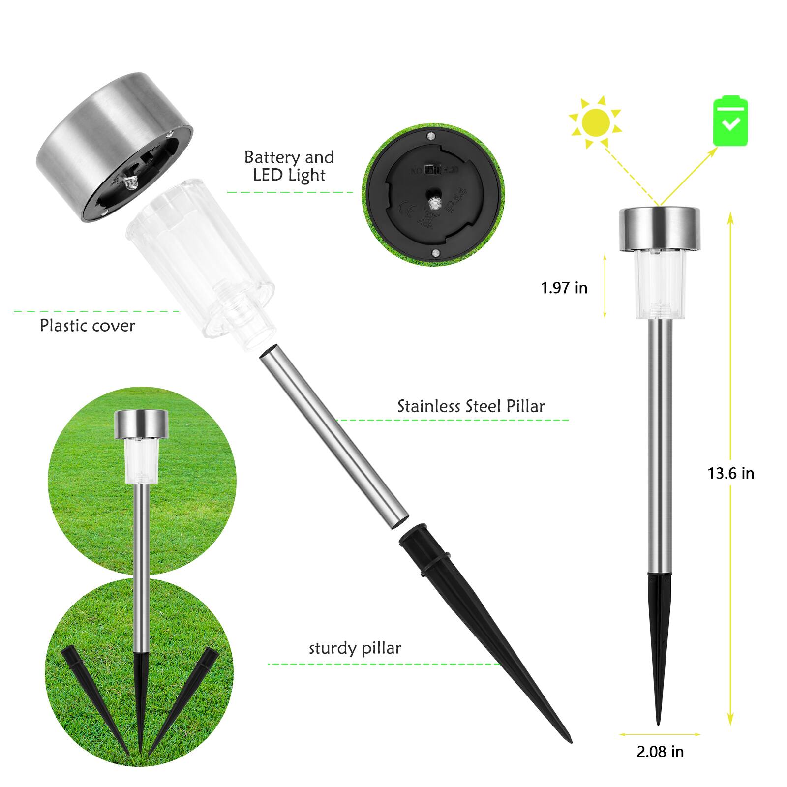 Battery and LED Light  
NO pa IP44  
1.97 in  
Plastic cover  
Stainless Steel Pillar  
13.6 in  
sturdy pillar  
2.08 in