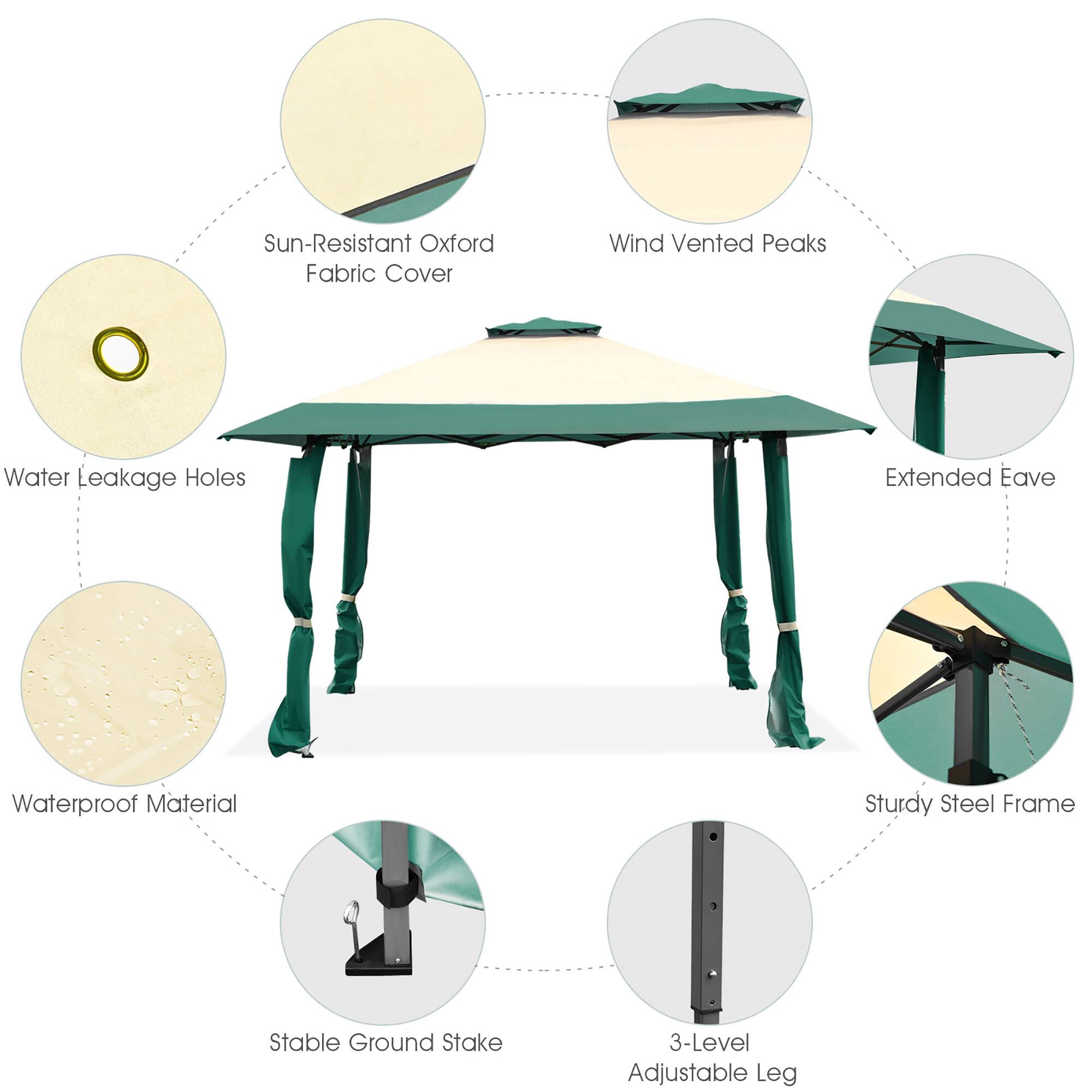 - Sun-Resistant Oxford Fabric Cover
- Wind Vented Peaks
- Extended Eave
- Waterproof Material
- Stable Ground Stake
- Sturdy Steel Frame
- 3-Level Adjustable Leg
- Water Leakage Holes