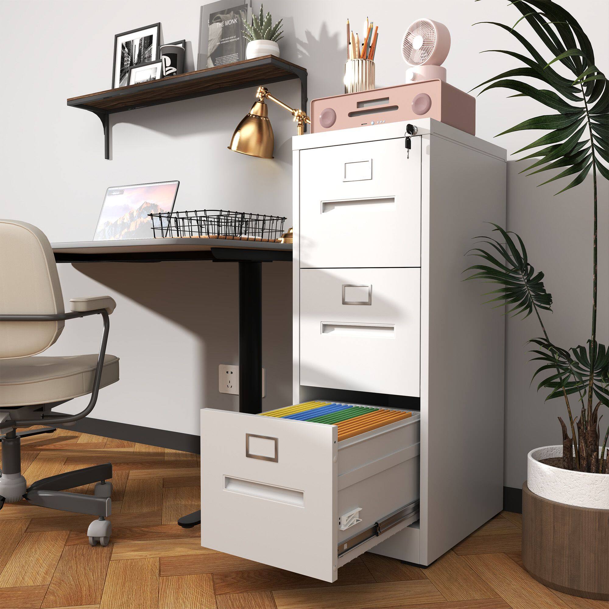 Back. Mirfee - 3-Drawer Vertical File Cabinet with Lock, for A4/Legal/Letter Files - White.