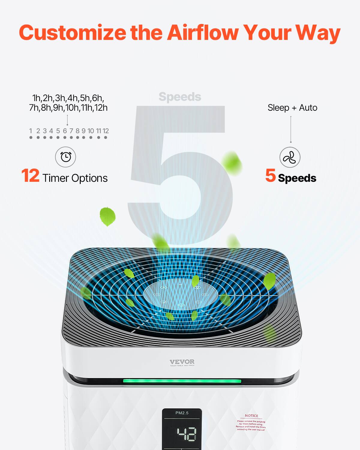 Customize the Airflow Your Way

1h, 2h, 3h, 4h, 5h, 6h, 7h, 8h, 9h, 10h, 11h, 12h

12 Timer Options

5 Speeds

Sleep + Auto

PM2.5

NOTICE
Please remove the polypropylene filter before using the filter according to the user manual.