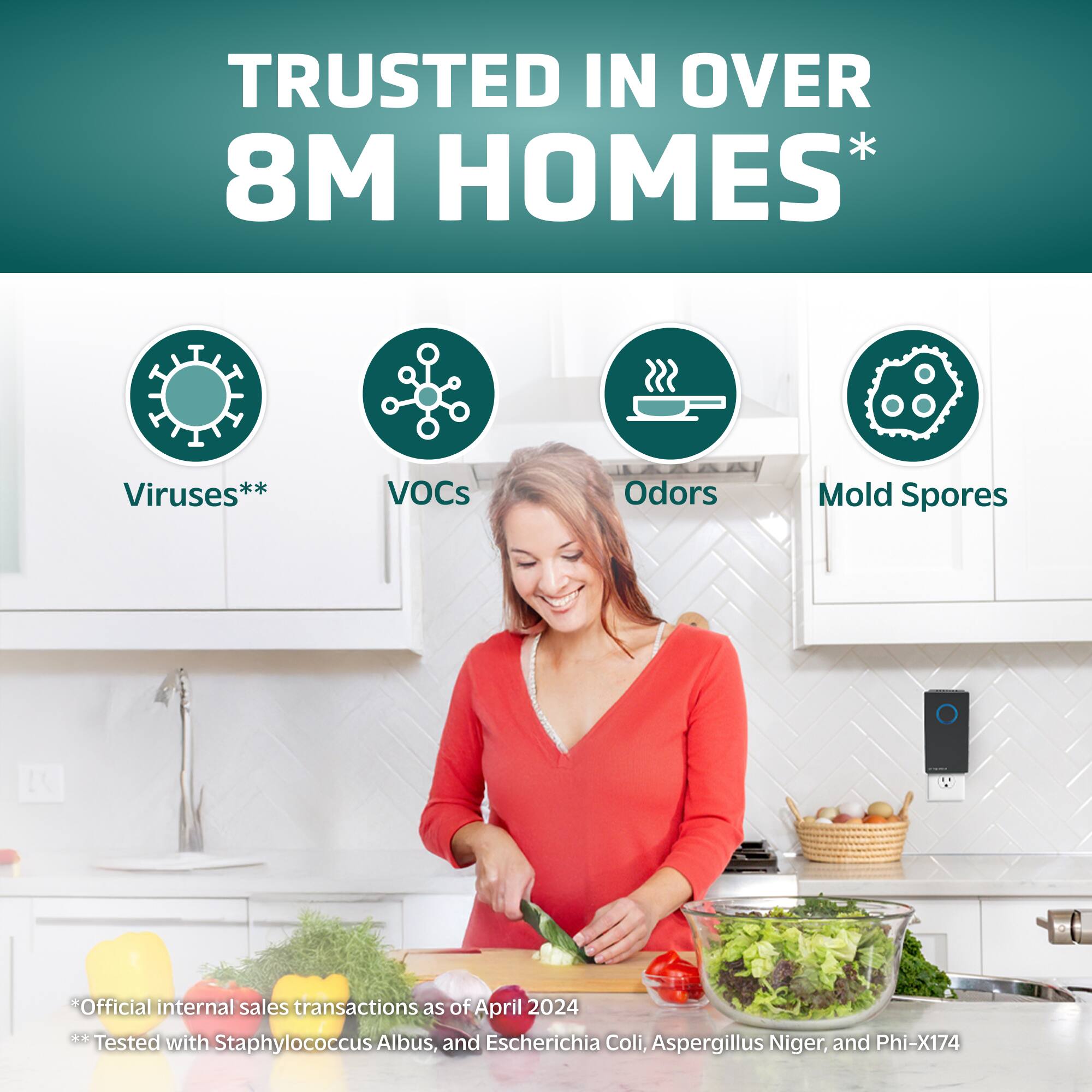The text on the image is grouped and corrected as follows:
TRUSTED IN OVER 8M HOMES* Viruses** VOCs Odors Mold Spores *Official internal sales transactions as of April 2024 ** Tested with Staphylococcus Albus, and Escherichia Coli, Aspergillus Niger, and Phi-X174
