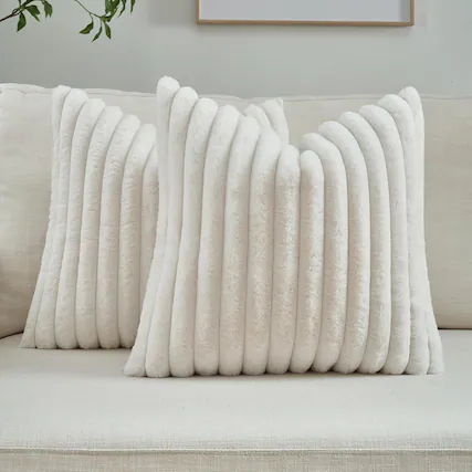 Front. Auledio - Cream and white striped decorative throw pillow cover, square decorative sofa pillow cover, soft plush backrest - White.