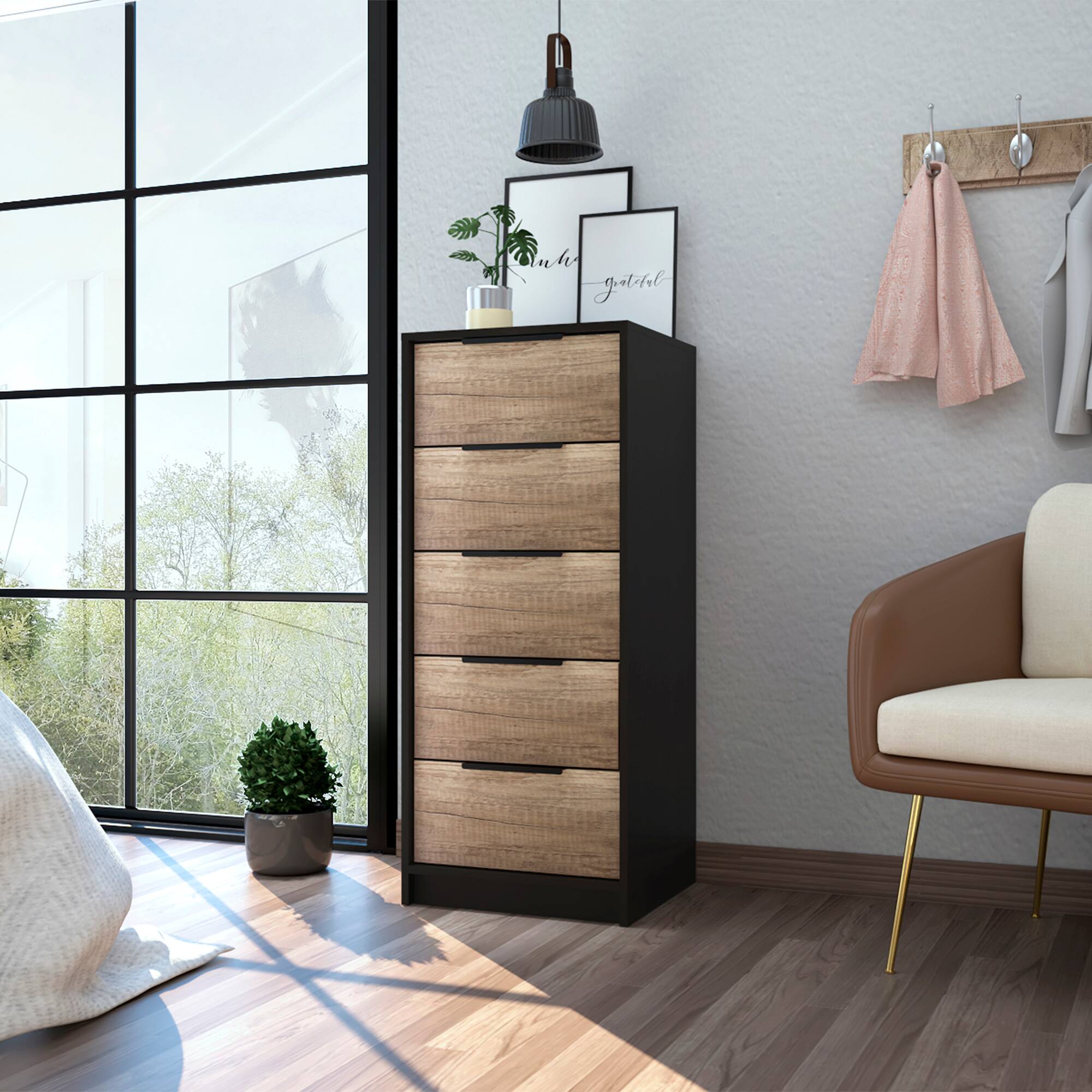 Angle. TuHome - Kaia 5 Drawer Dresser, Vertical Dresser - Black / Pine.