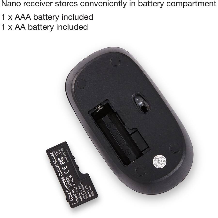 Nano receiver stores conveniently in battery compartment  
1 x AAA battery included  
1 x AA battery included  

2.4GHz Optical Mouse  
Model: MX803  
Rated: 14mA  
Comply Standards: CE, FCC  
For Home Use, For Office  
Made in China  
1.5V  
4Ghz  
No.: Il