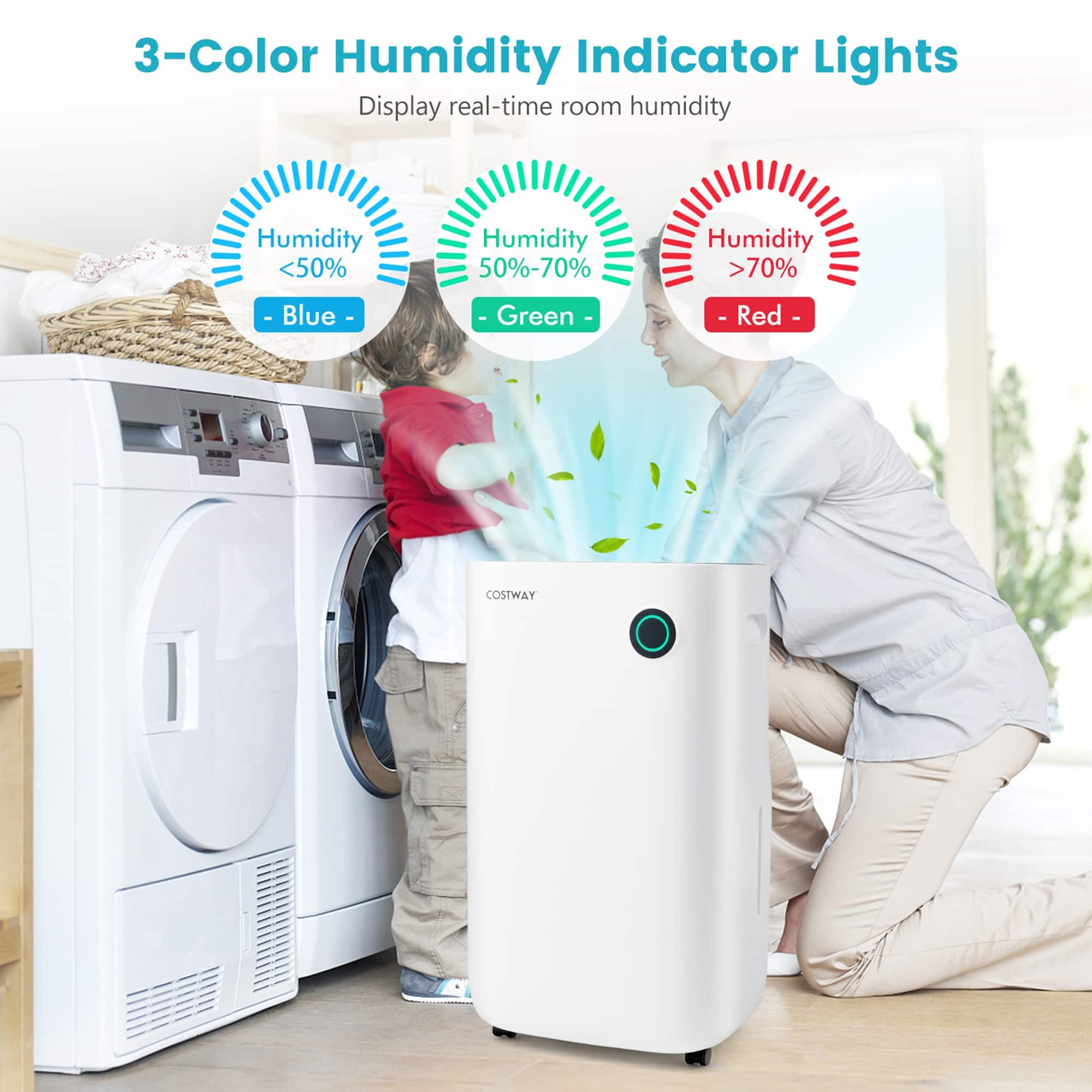 3-Color Humidity Indicator Lights Display real-time room humidity:
* Humidity <50%: Blue
* Humidity 50%-70%: Green
* Humidity >70%: Red
* Brand: COSTWAY
