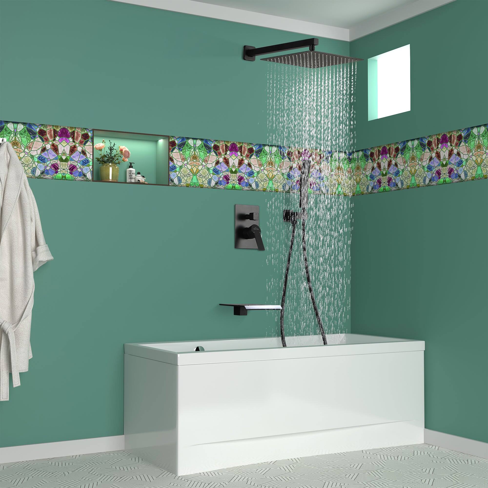 Back. Boyel Living - Wall Mount Single-Handle 1-Spray Tub and Shower Faucet in Matte Black - 12 Inch (Valve Included) - Matte Black.