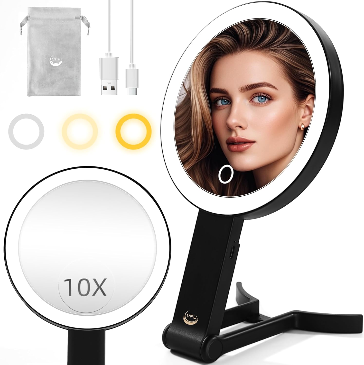 Stamp n Camp - Travel Makeup Mirror with Lights, 10X /1X Double Sided Rechargeable Magnifying Vanity Mirror, Portable Compact Led 3 - Black
