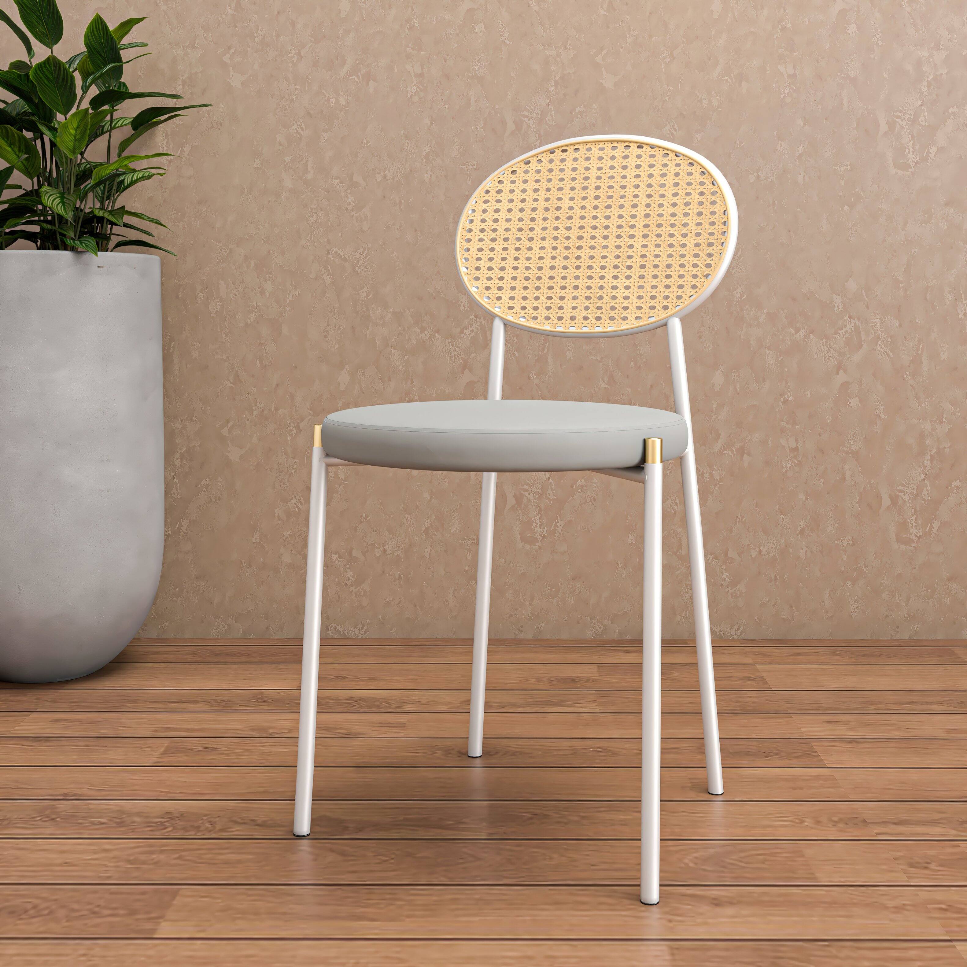 Left. LeisureMod - Euston Modern Dining Chair with Stainless Steel Frame, Breathable Rattan Backrest & Velvet Seat - Grey.