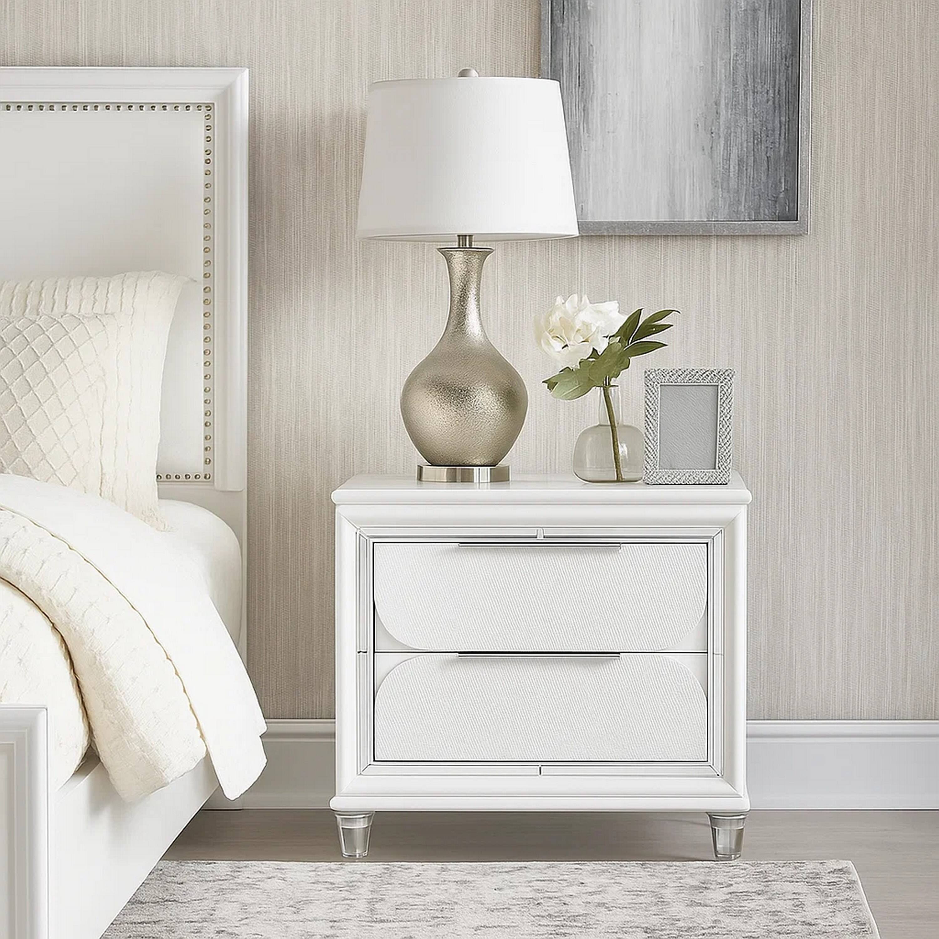 Alt View 6. Manhattan Lane - Rara 30 Inch Nightstand, 2 Drawers, Mirror Trim, Acrylic Legs - White, Silver.