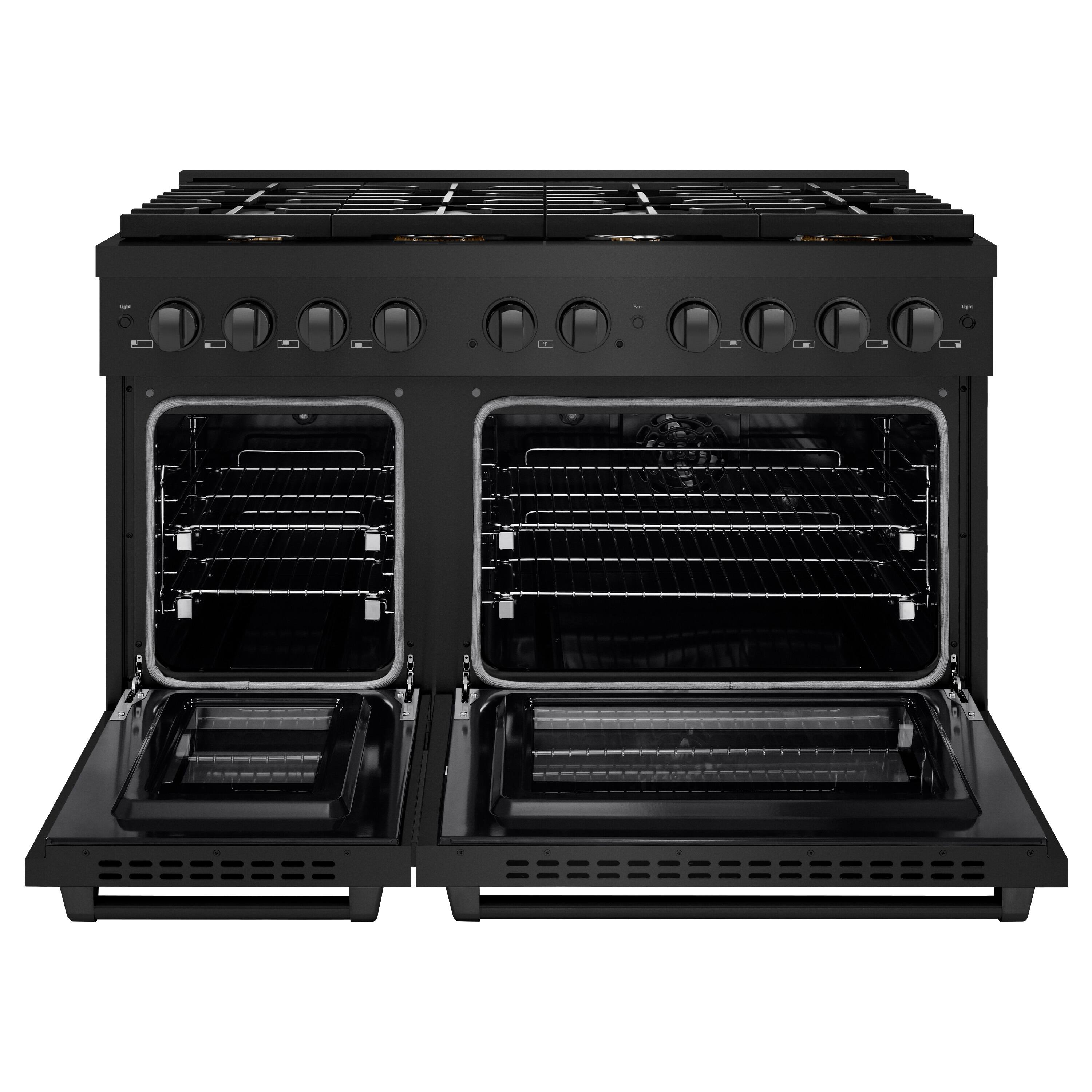 Angle. ZLINE - ZLINE 48" Paramount Double Oven Dual Fuel Range in Black Stainless w/ 8 Brass Burners (SDRB-BR-48) - Black Stainless Steel.