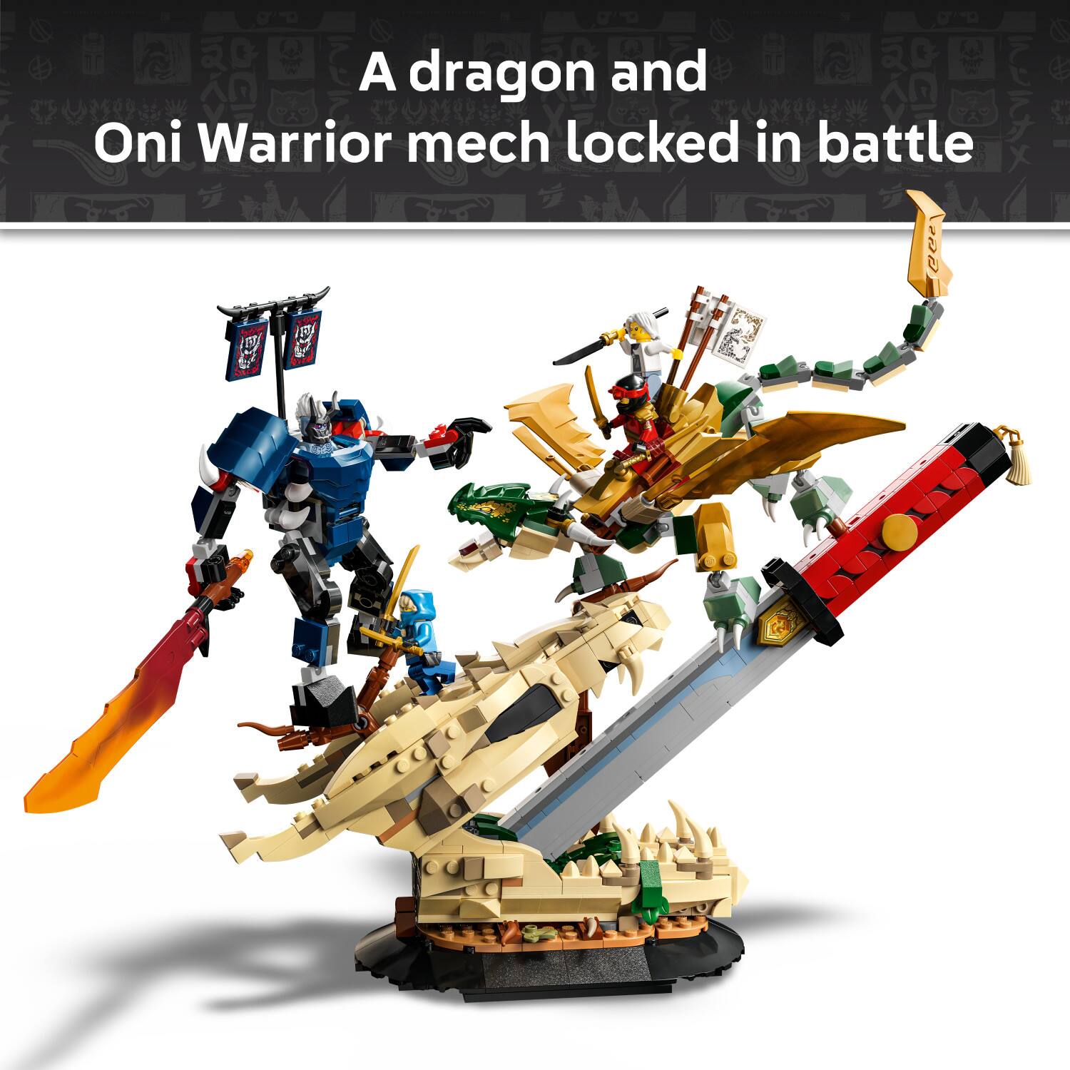 A dragon and Oni Warrior mech locked in battle