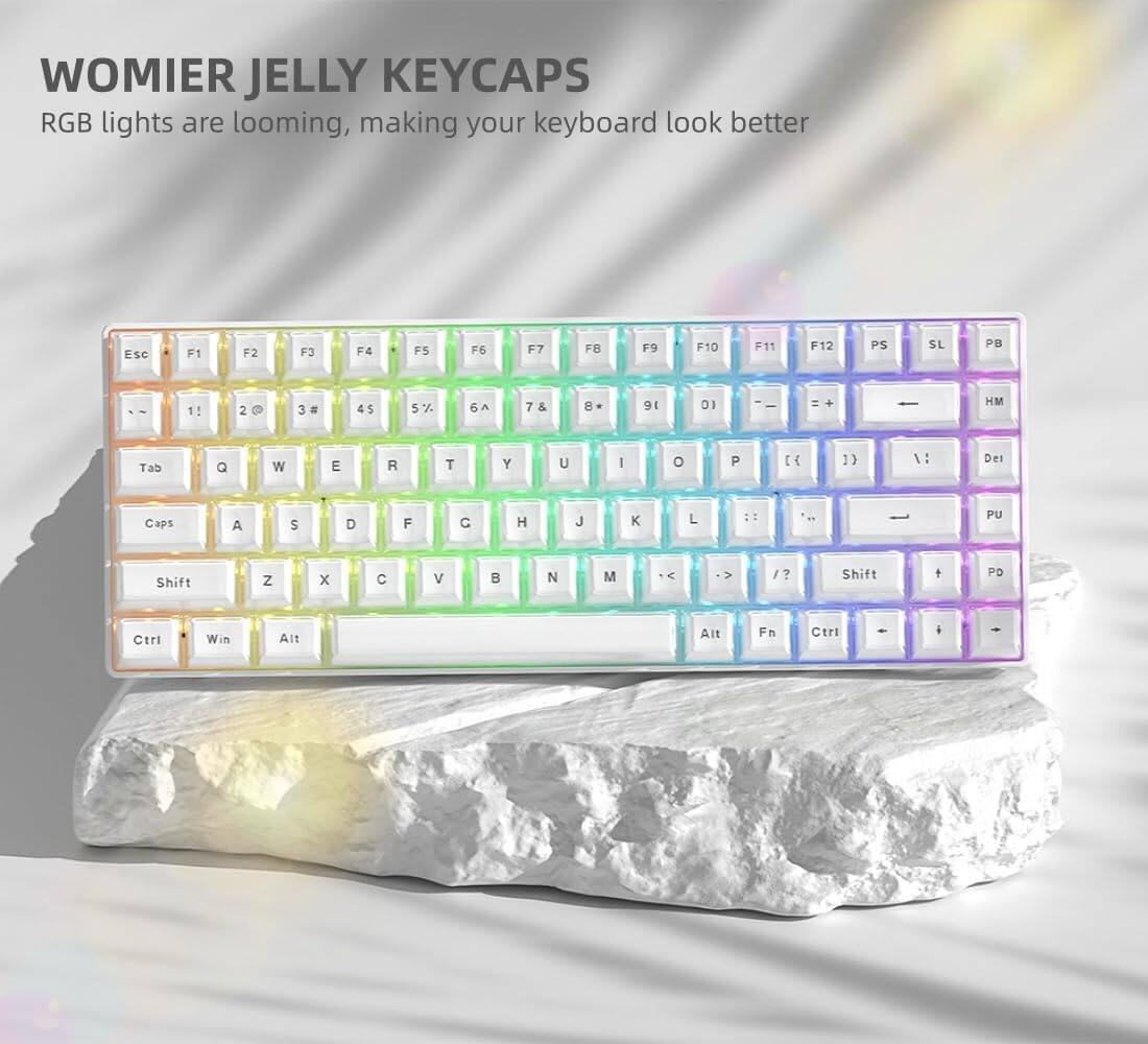 WOMIER JELLY KEYCAPS  
RGB lights are looming, making your keyboard look better  

Esc F1 F2 F3 F4 F5 F6 F7 F8 F9 F10 F11 F12  
PS SL PB  

1! 2@ 3# 4$ 5% 6^ 7& 8* 9( 0) -_ =+  
Tab Q W E R T Y U I O P [ { ] } \ |  
Caps A S D F G H J K L ; : ' "  
Shift Z X C V B N M , < . > ?  
Ctrl Win Alt Fn Ctrl
