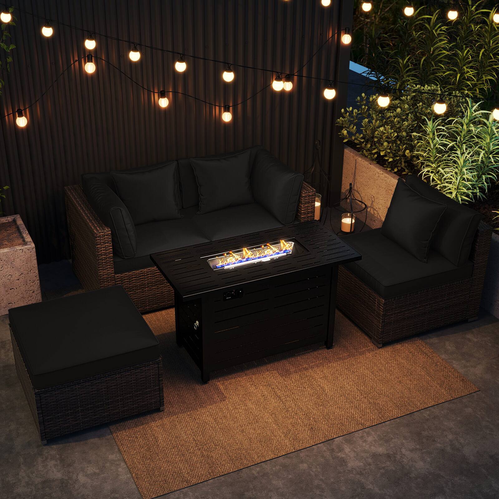 Alt View 3. Costway - Costway 5 PCS Patio Furniture Set Heavy-duty Frame Rattan Sofa Set with 60,000 BTU Firepit Table - Black.