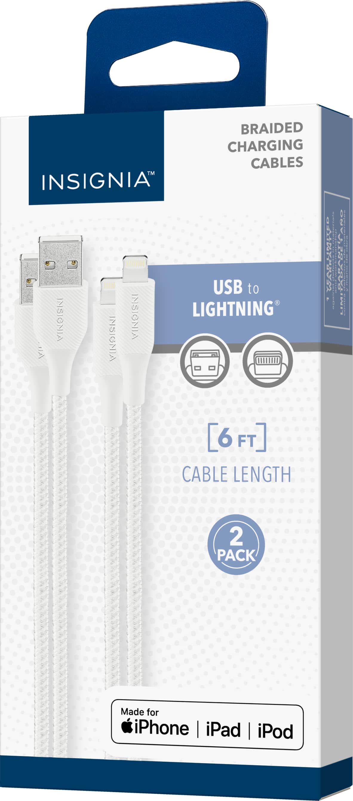 Braided Charging Cables TM Insignia 1 Ampere USB to Lightning Cable 6 FT Cable Length 2 Pack Made for iPhone | iPad | iPod.