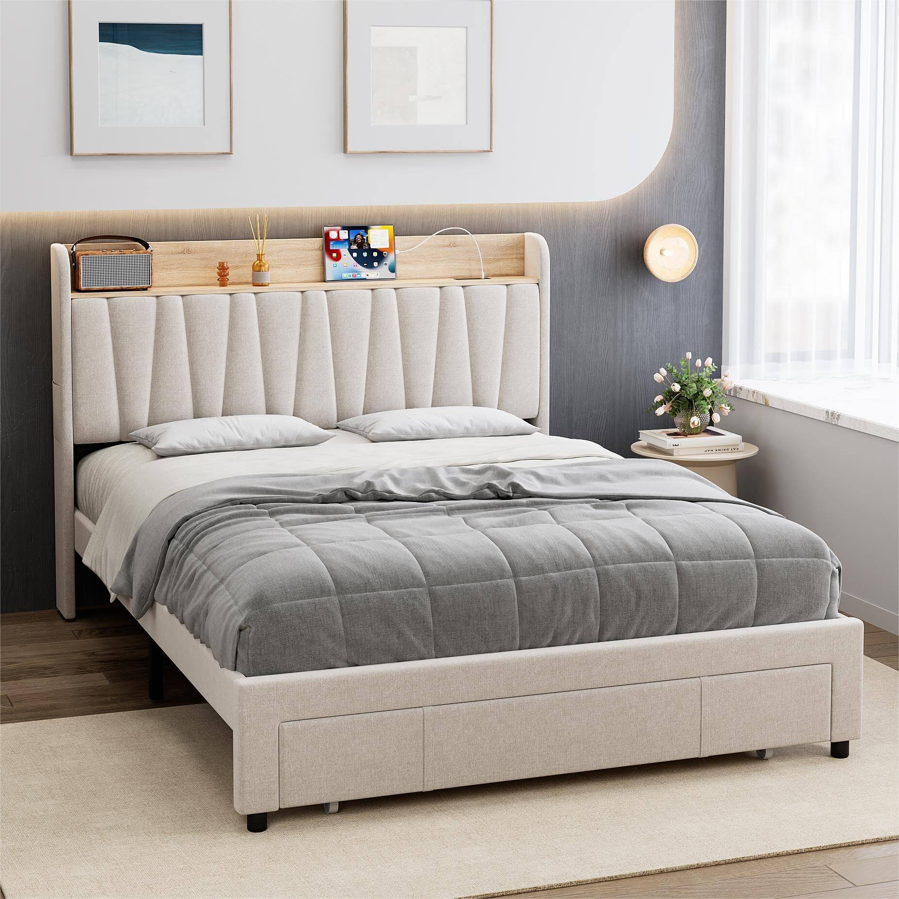 Alt View 1. Jojoka - Full Size Upholstered Bed Frame with Storage Headboard and Charging Station, Platform Bed Frame with Drawers - Beige.