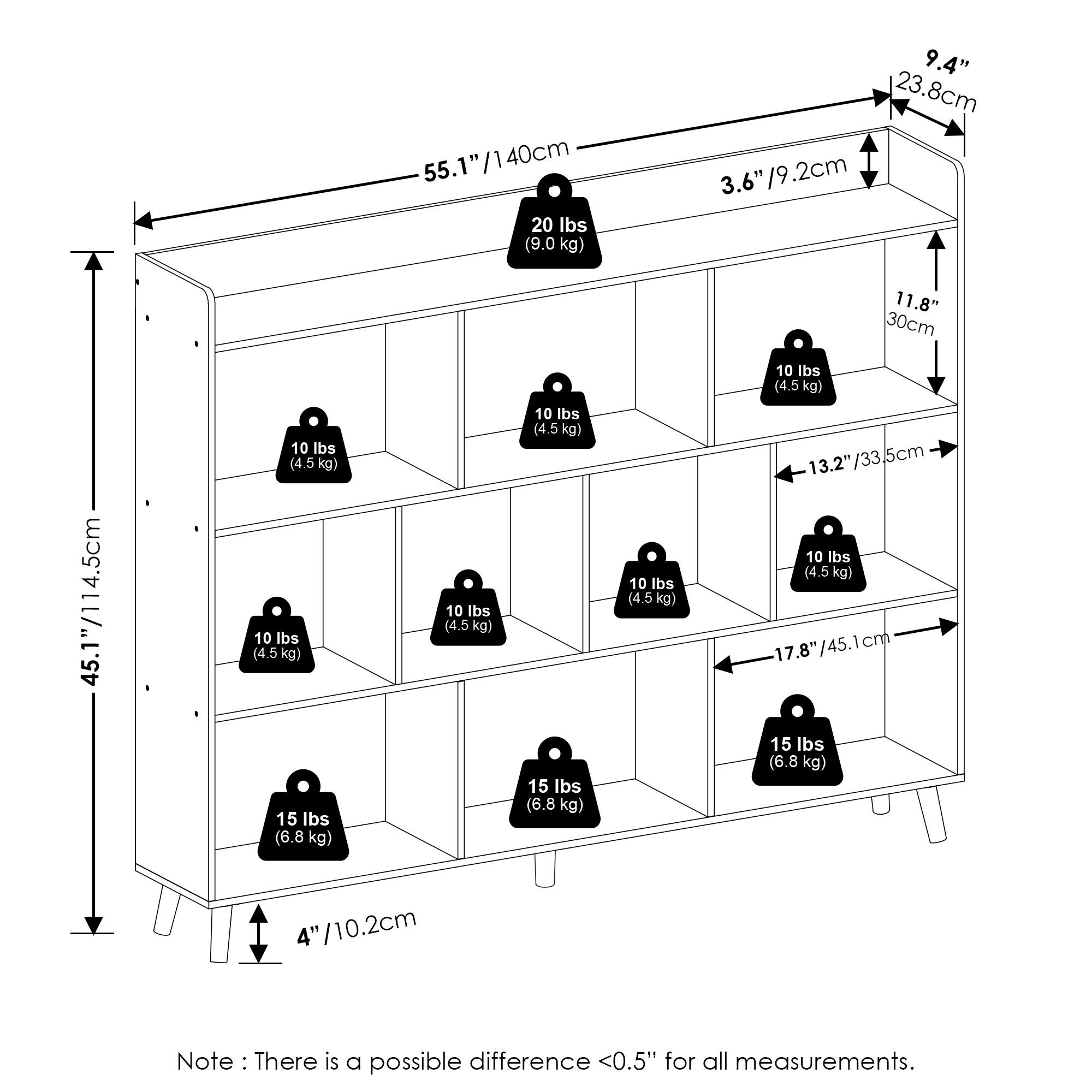 55.1" / 140cm  
20 lbs (9.0 kg)  

9.4" / 23.8cm  
3.6" / 9.2cm  
11.8" / 30cm  

45.1" / 114.5cm  
4" / 10.2cm  

13.2" / 33.5cm  
17.8" / 45.1cm  

10 lbs (4.5 kg)  
15 lbs (6.8 kg)  

Note: There is a possible difference <0.5" for all measurements.