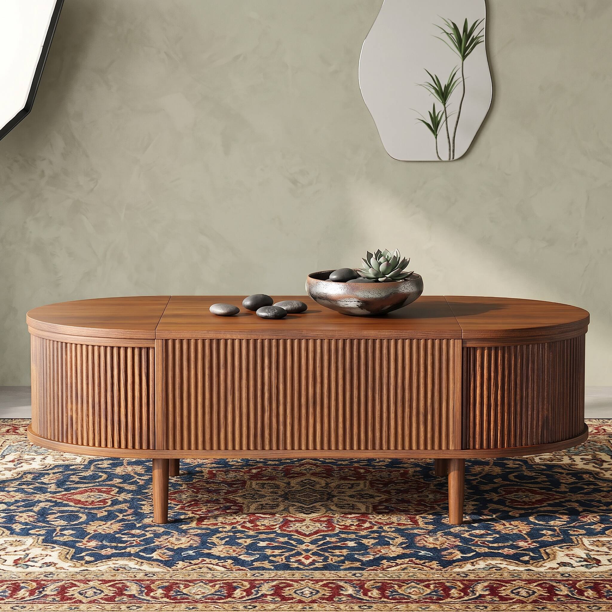 Alt View 9. Forest'nSky - Antique brown  Oval Lift-Top Coffee Table with Hidden Storage and Wood Wave - Antique brown.