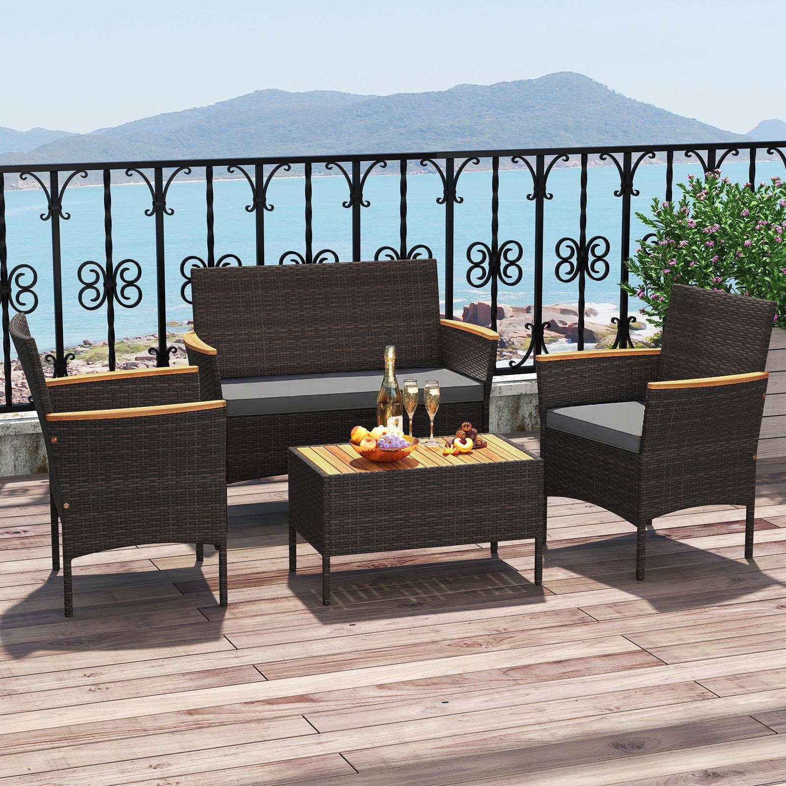 Alt View 3. Costway - Costway 4 PCS Patio Wicker Sofa Set with Coffee Table Acacia Wood Armrests & Tabletop - Mix Brown + Gray.