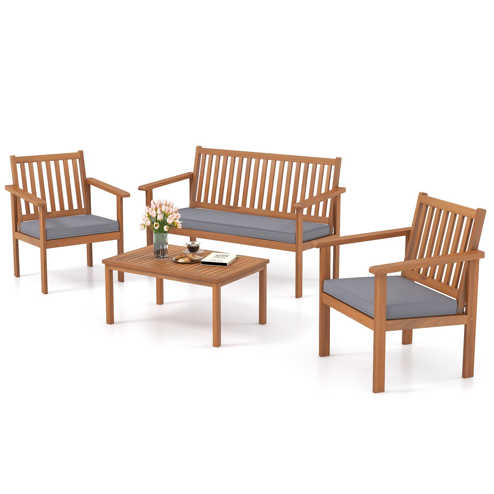 Alt View 3. Gymax - Gymax 4PCS Wood Furniture Set w/ Loveseat 2 Chairs & Coffee Table for Porch Patio Gray - Natural, Gray.