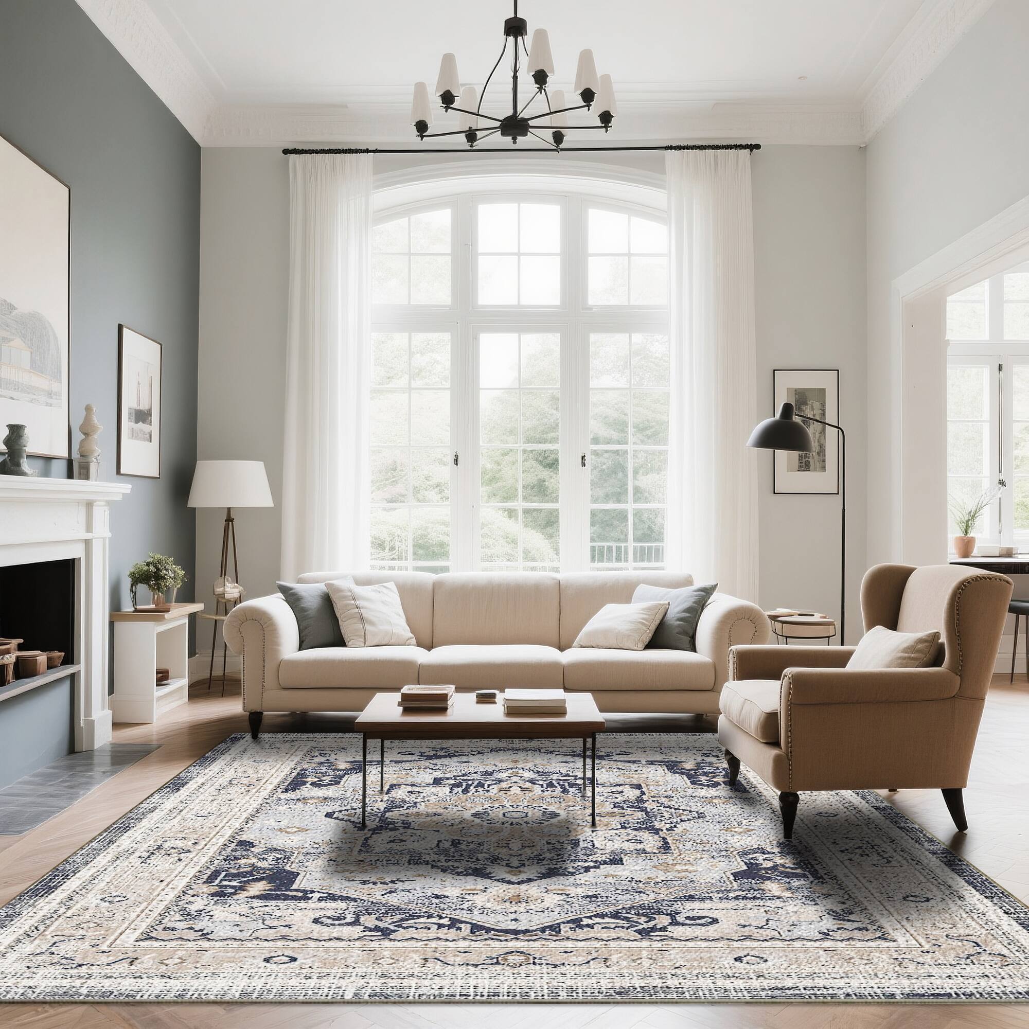 Angle. Ihomeadore - 7FT x 5FT Vintage Bohemia Cotton Area Rug with Non-Slip TPR Backing for Indoor Living Room and Entryway - Blue.