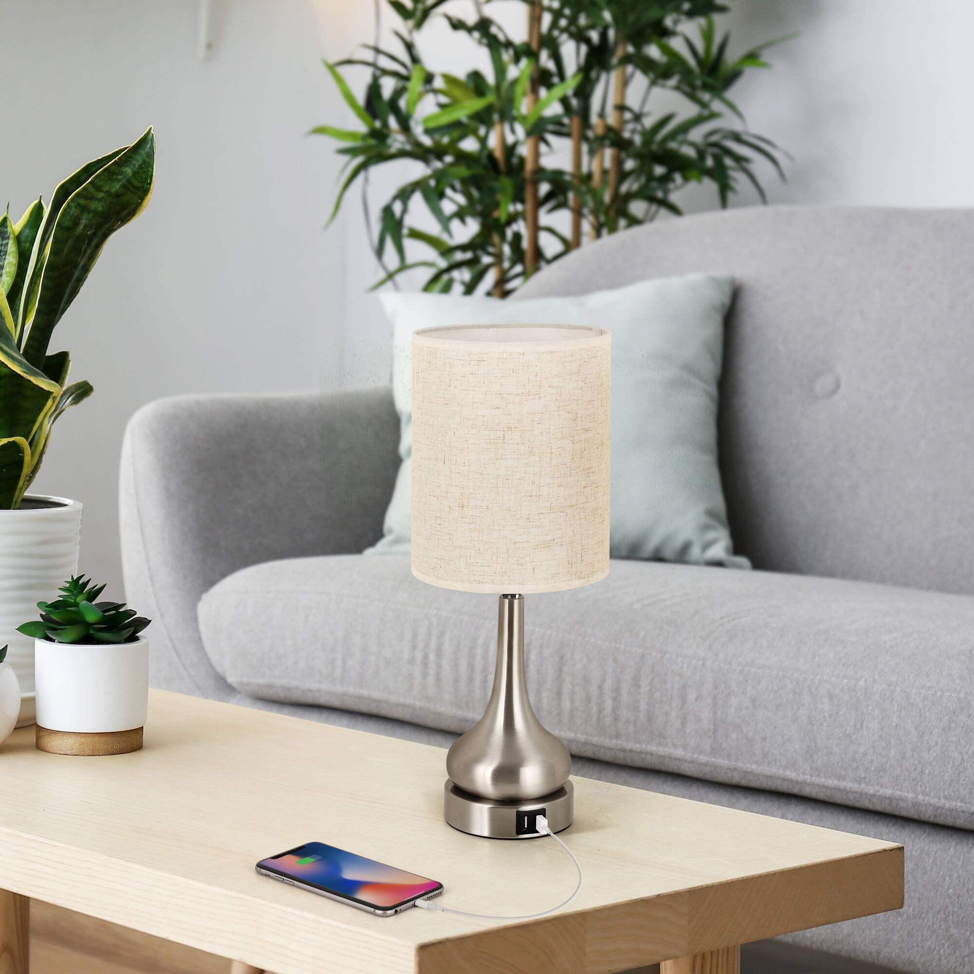 Alt View 2. Oumilen - 2-Piece Gourd Table Lamp with Nickel Base, Touch Control, 2 USB Ports and Linen Shade.