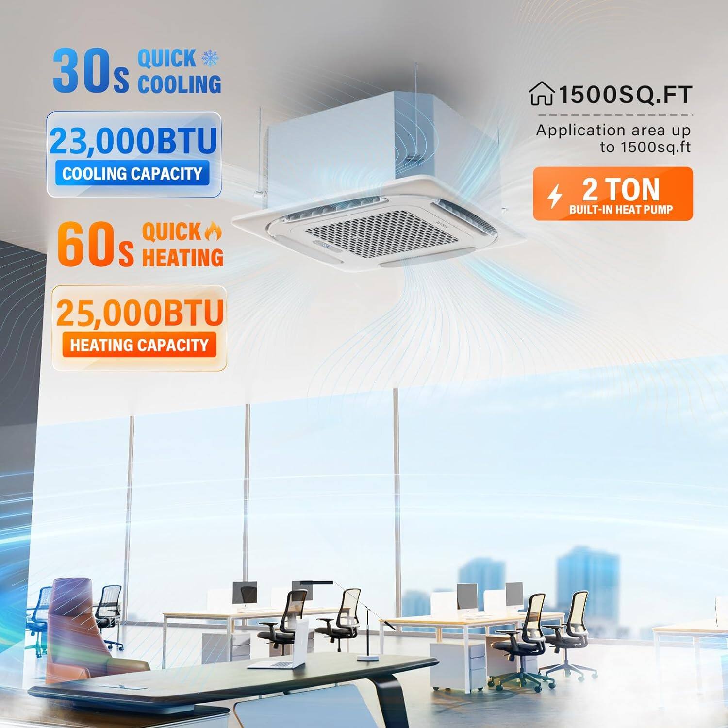 QUICK 30s COOLING  
23,000BTU COOLING CAPACITY  
QUICK 60s HEATING  
25,000BTU HEATING CAPACITY  
1500SQ.FT Application area up to 1500sq.ft  
2 TON BUILT-IN HEAT PUMP