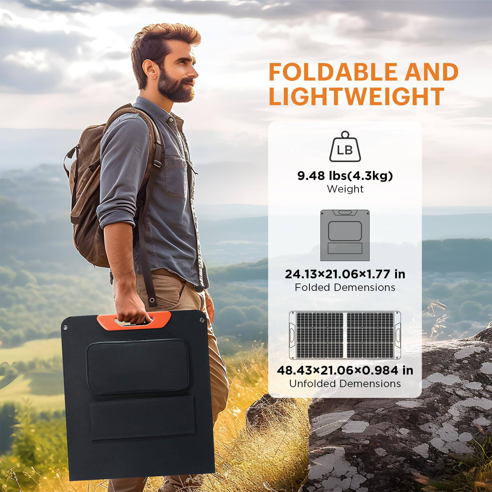 FOLDABLE AND LIGHTWEIGHT

9.48 lbs (4.3kg)  
Weight

24.13x21.06x1.77 in  
Folded Dimensions

48.43x21.06x0.984 in  
Unfolded Dimensions