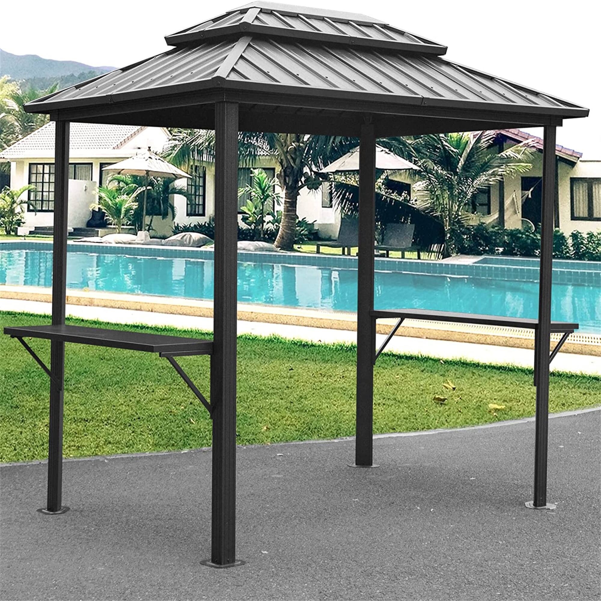 Angle. Mondawe - 8x6FT Aluminum BBQ Gazebo with Double Roof, Shelves & Serving Tables - Grey.
