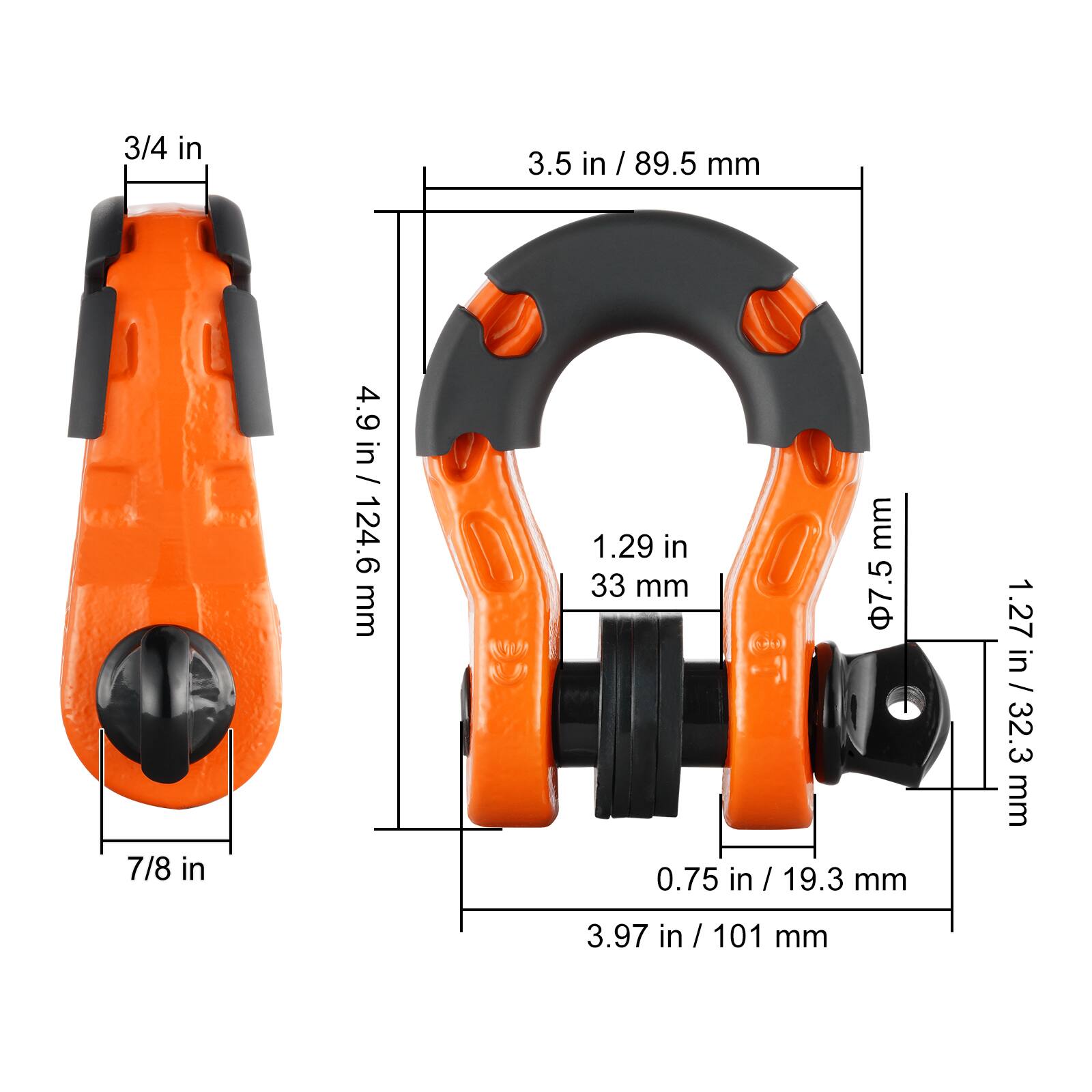 - 3/4 in
- 7/8 in
- 3.5 in / 89.5 mm
- 4.9 in / 124.6 mm
- 1.29 in / 33 mm
- 0.75 in / 19.3 mm
- 1.27 in / 32.3 mm
- 3.97 in / 101 mm