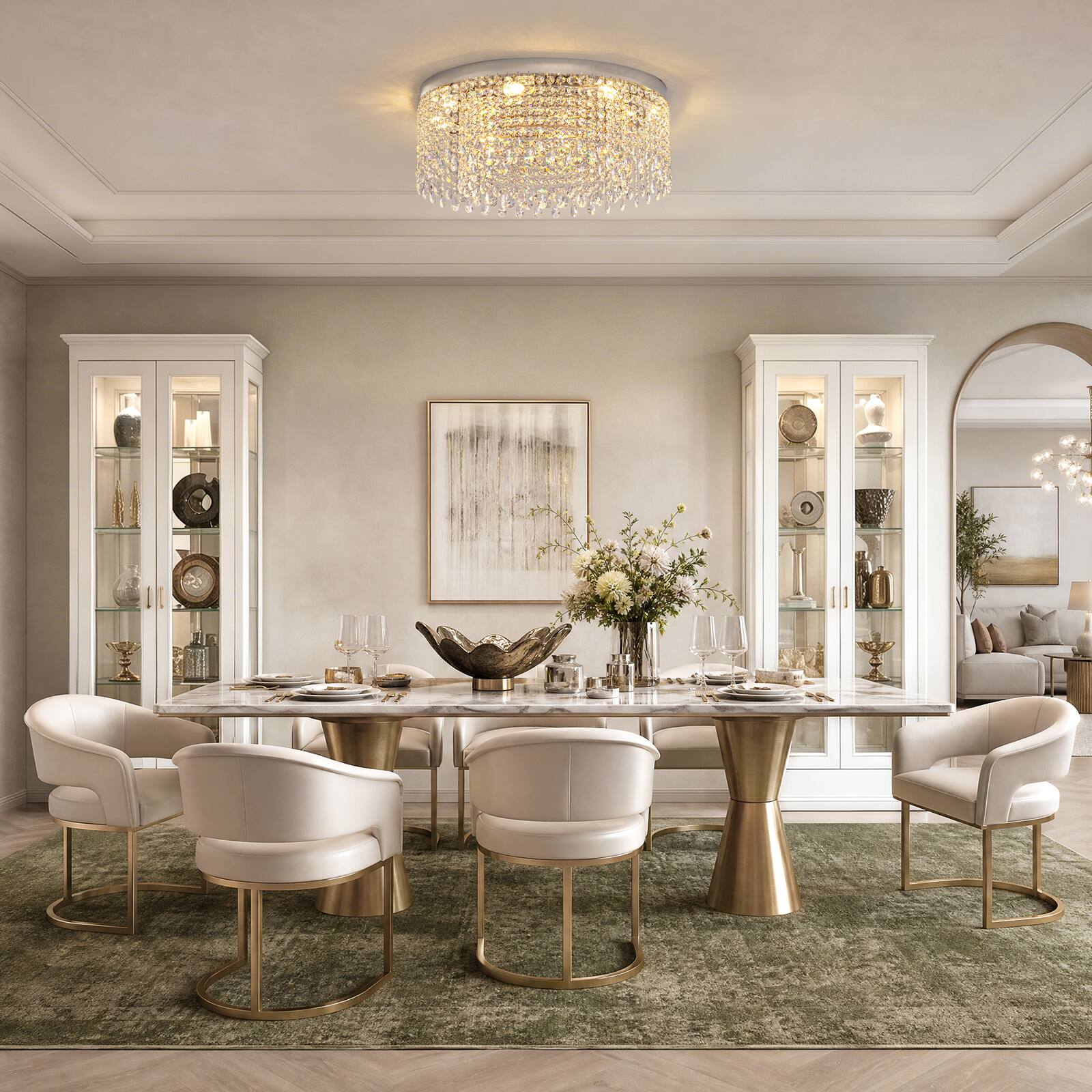 Alt View 4. Siljoy - 24 Inch Round Gold Flush Mount Crystal Ceiling Light, Luxury Raindrop Crystal Chandelier for Living Room Bedroom - Gold.
