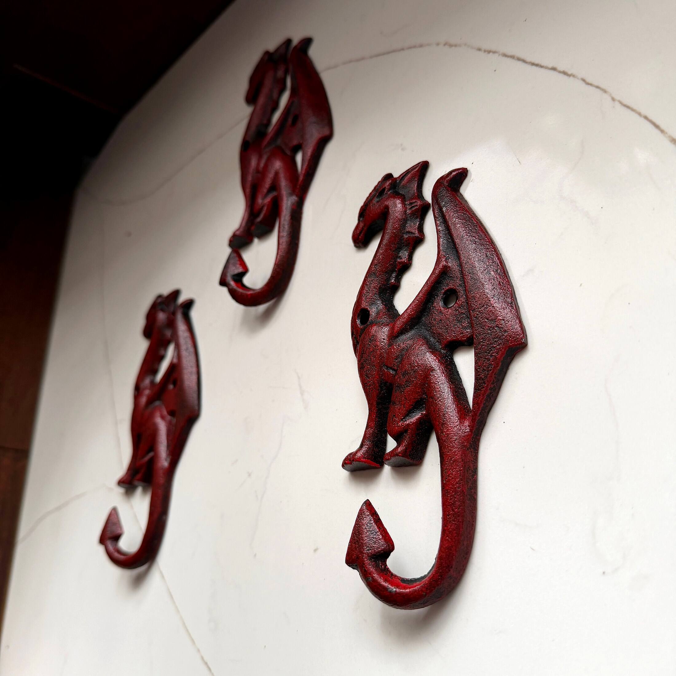 Alt View 4. Things2Die4 - Set of 3 Dragon Wall Hooks Red Distressed Cast Iron 6.5 in Decorative - Red.