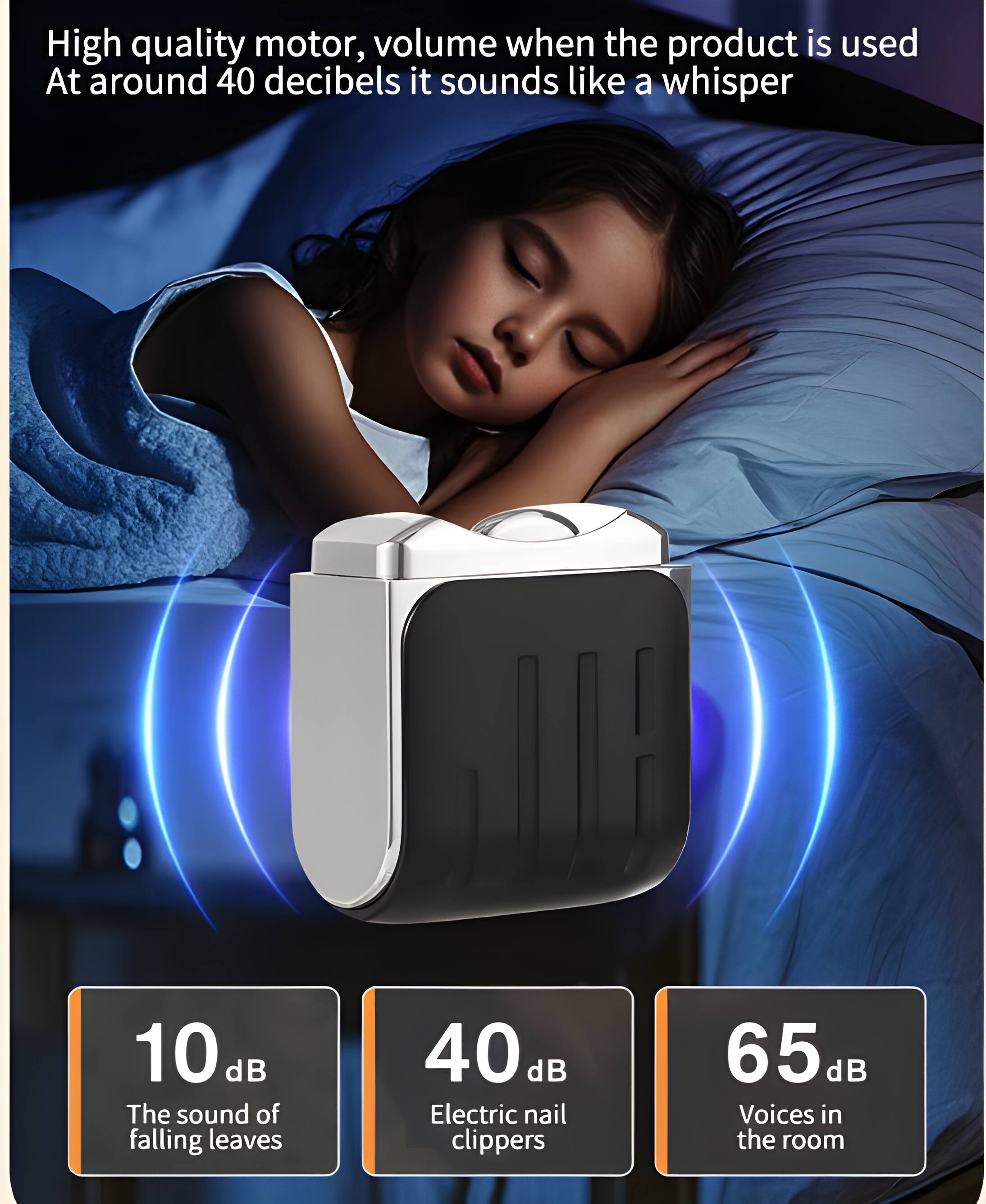 High quality motor, volume when the product is used At around 40 decibels it sounds like a whisper

10 dB The sound of falling leaves
40 dB Electric nail clippers
65 dB Voices in the room