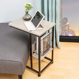 JJS - Side End C Table With Magazine Holder For Sofa - Cement/Black