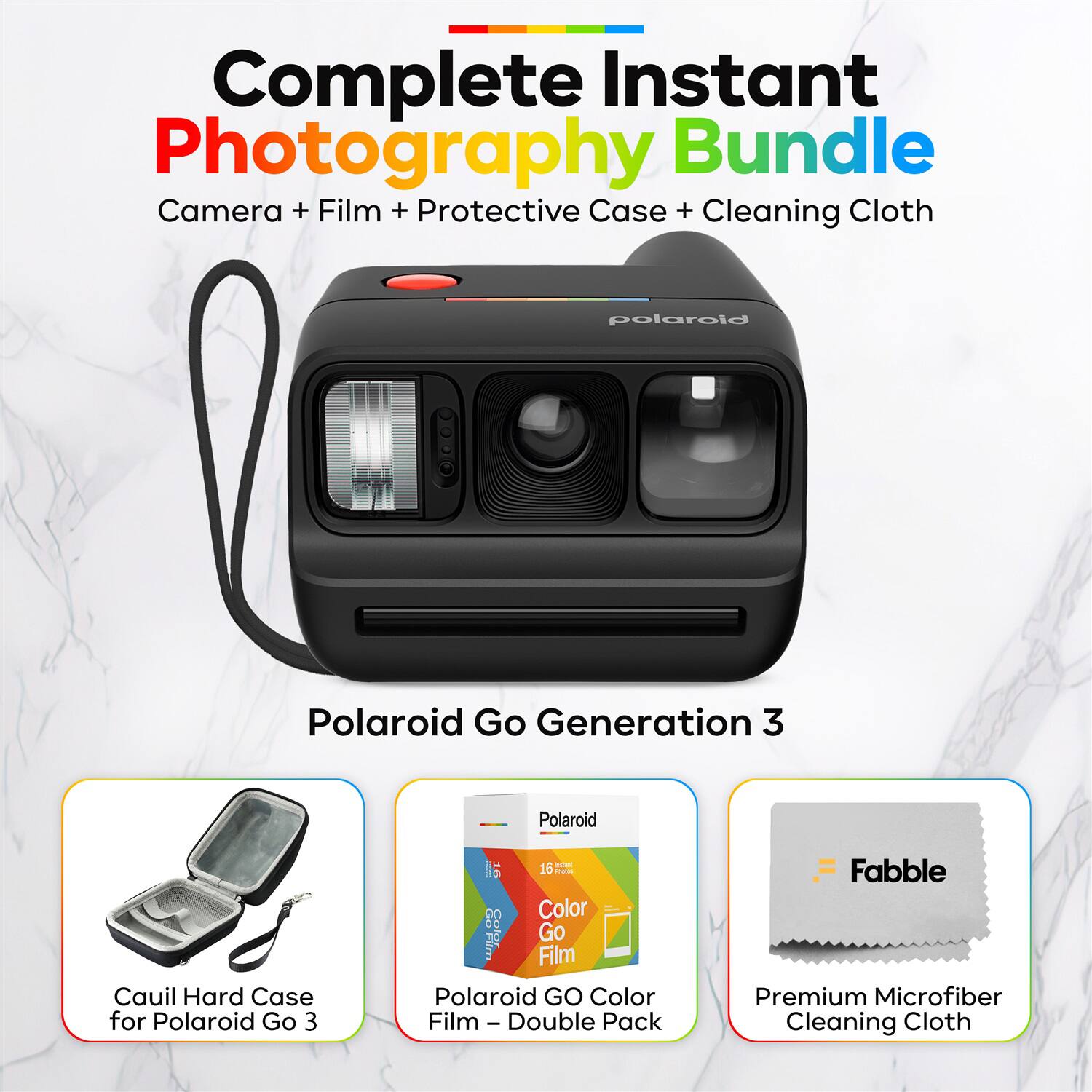 Complete Instant Photography Bundle Camera + Film + Protective Case + Cleaning Cloth

Polaroid Go Generation 3

Cauli Hard Case for Polaroid Go 3

Polaroid GO Color Film - Double Pack

Fabble Premium Microfiber Cleaning Cloth
