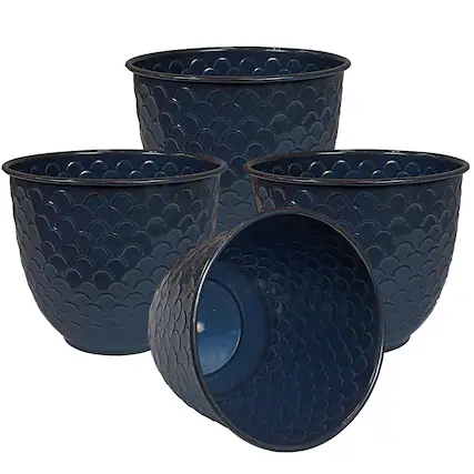 Front. Sunnydaze - Dinah Metal Planter - 12.5 in - Set of 4 - Navy Glaze.